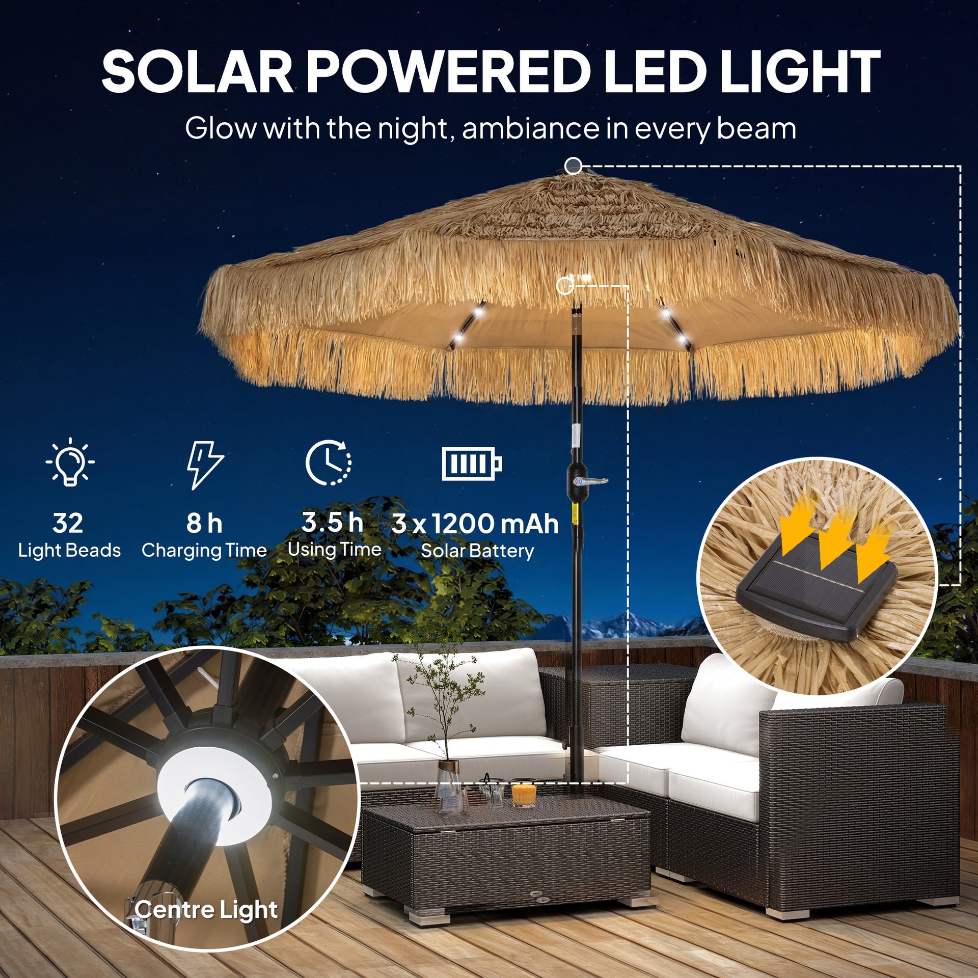 Outsunny 9 ft Hula Thatched Tiki Patio Umbrella with LED Solar Light, Outdoor Umbrella with Crank, Tilt, UPF30+, Khaki