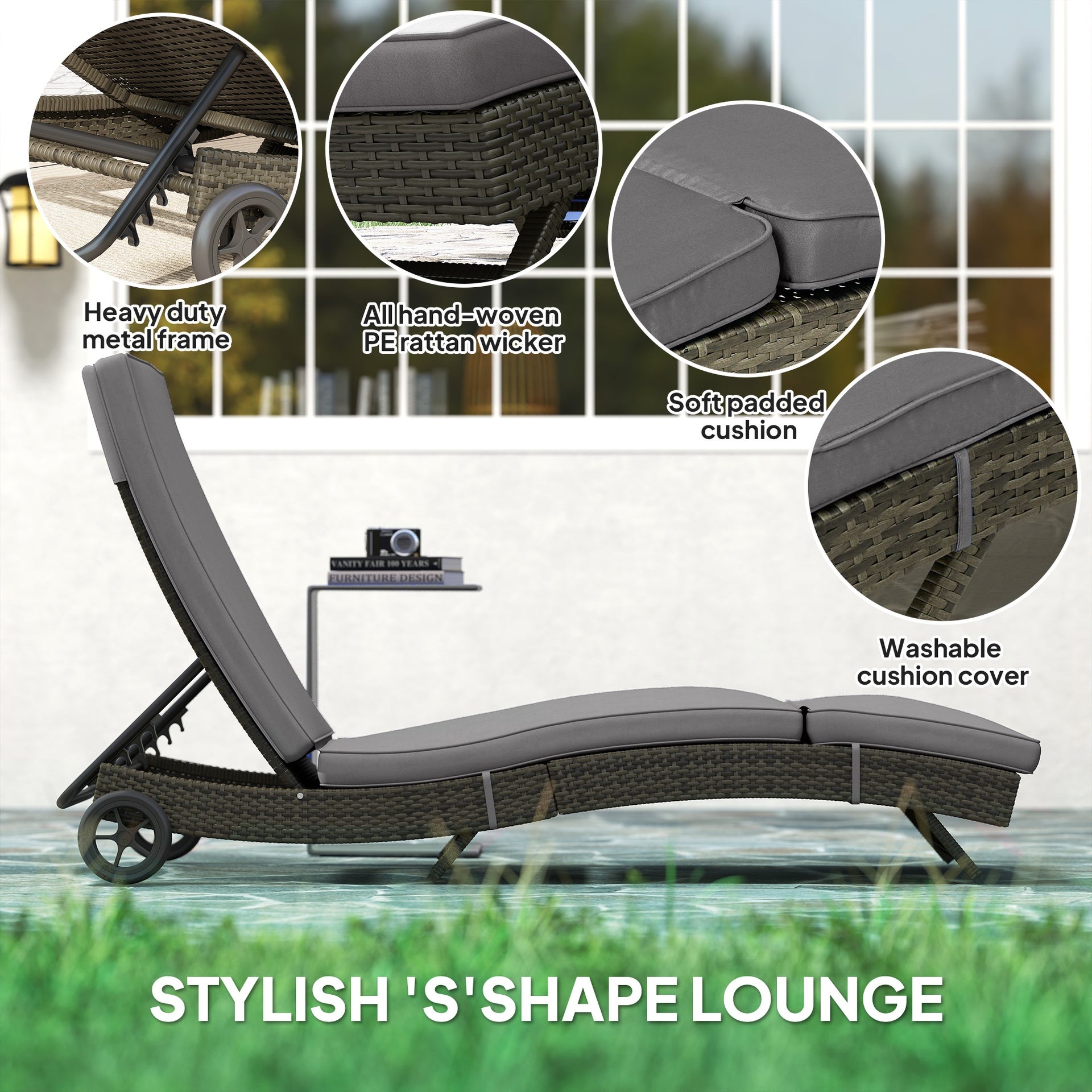Outsunny Patio Wicker Chaise Lounge Chair, Outdoor PE Rattan Sun lounger with Adjustable Backrest and 2 Wheels, Gray