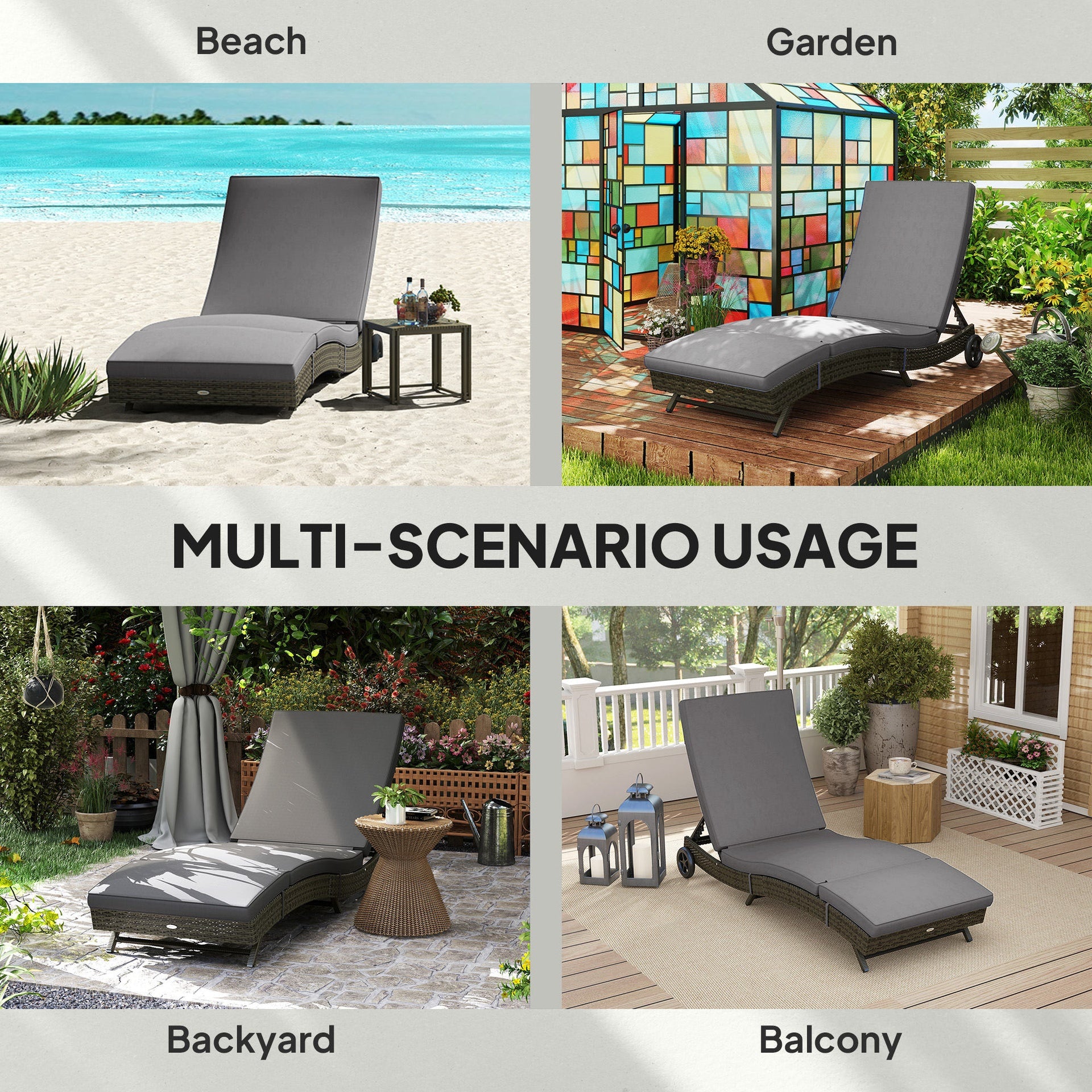Outsunny Patio Wicker Chaise Lounge Chair, Outdoor PE Rattan Sun lounger with Adjustable Backrest and 2 Wheels, Gray