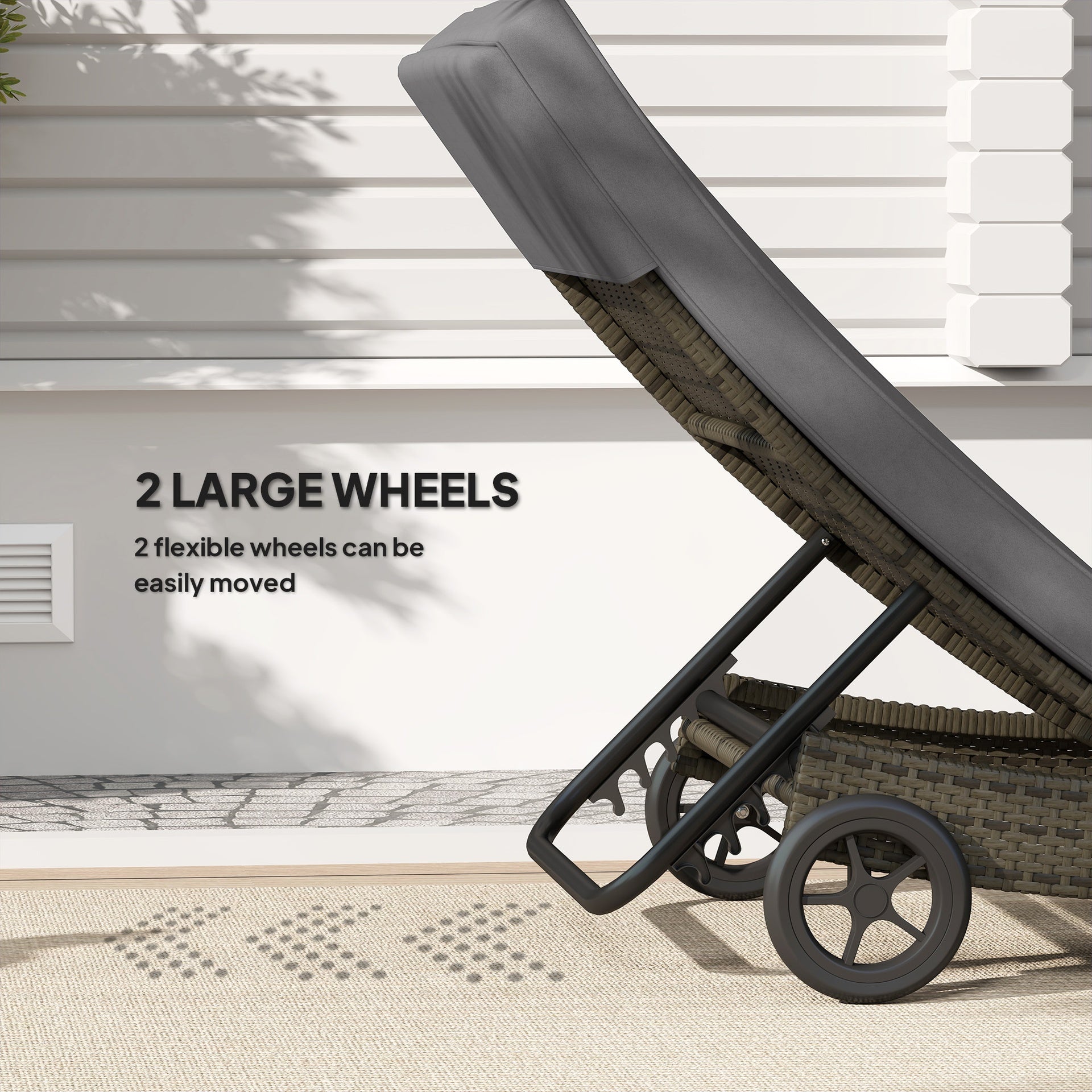 Outsunny Patio Wicker Chaise Lounge Chair, Outdoor PE Rattan Sun lounger with Adjustable Backrest and 2 Wheels, Gray