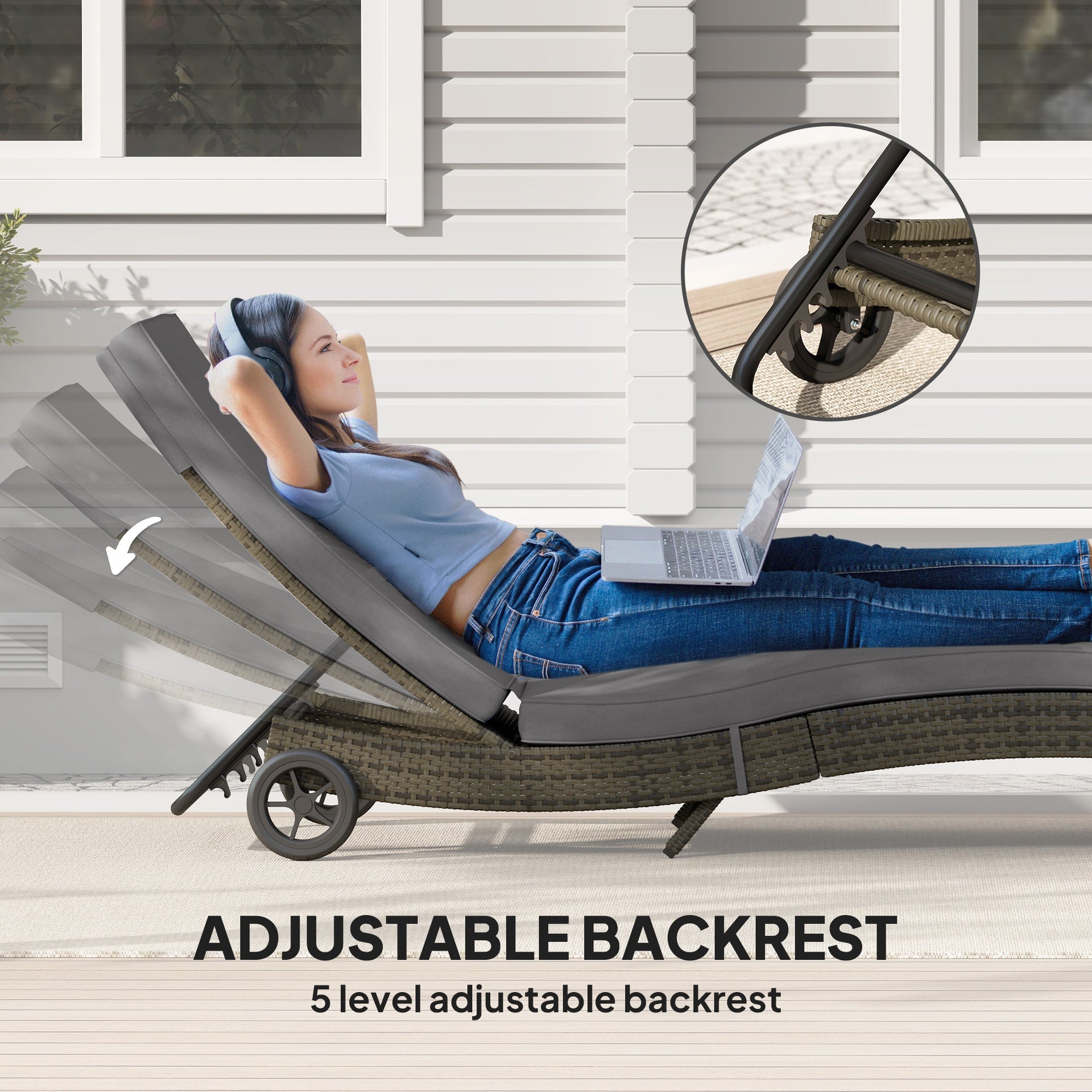 Outsunny Patio Wicker Chaise Lounge Chair, Outdoor PE Rattan Sun lounger with Adjustable Backrest and 2 Wheels, Gray