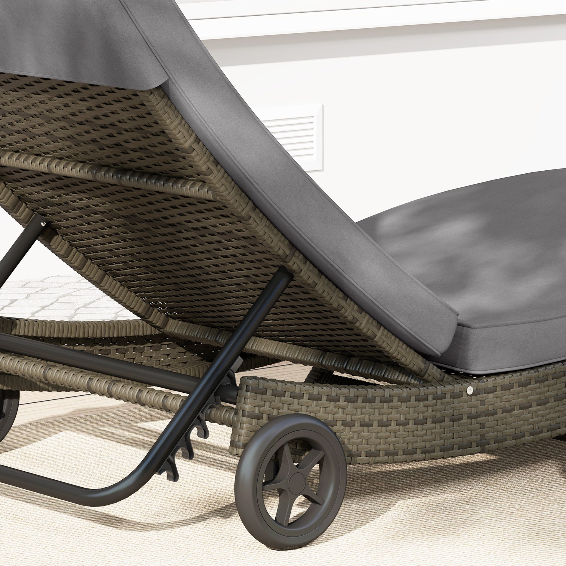 Outsunny Patio Wicker Chaise Lounge Chair, Outdoor PE Rattan Sun lounger with Adjustable Backrest and 2 Wheels, Gray