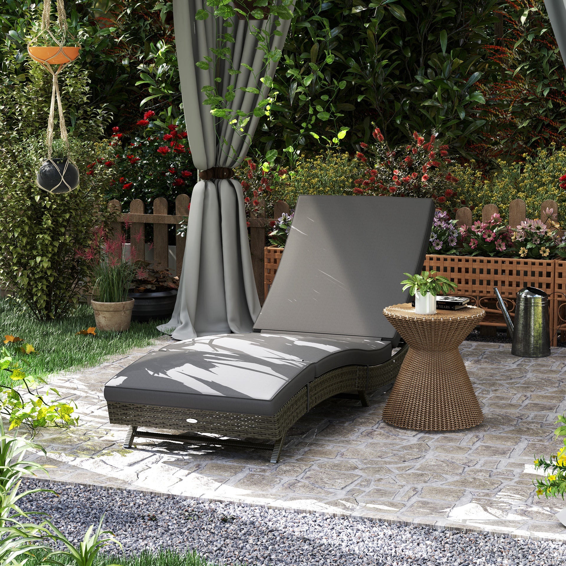Outsunny Patio Wicker Chaise Lounge Chair, Outdoor PE Rattan Sun lounger with Adjustable Backrest and 2 Wheels, Gray
