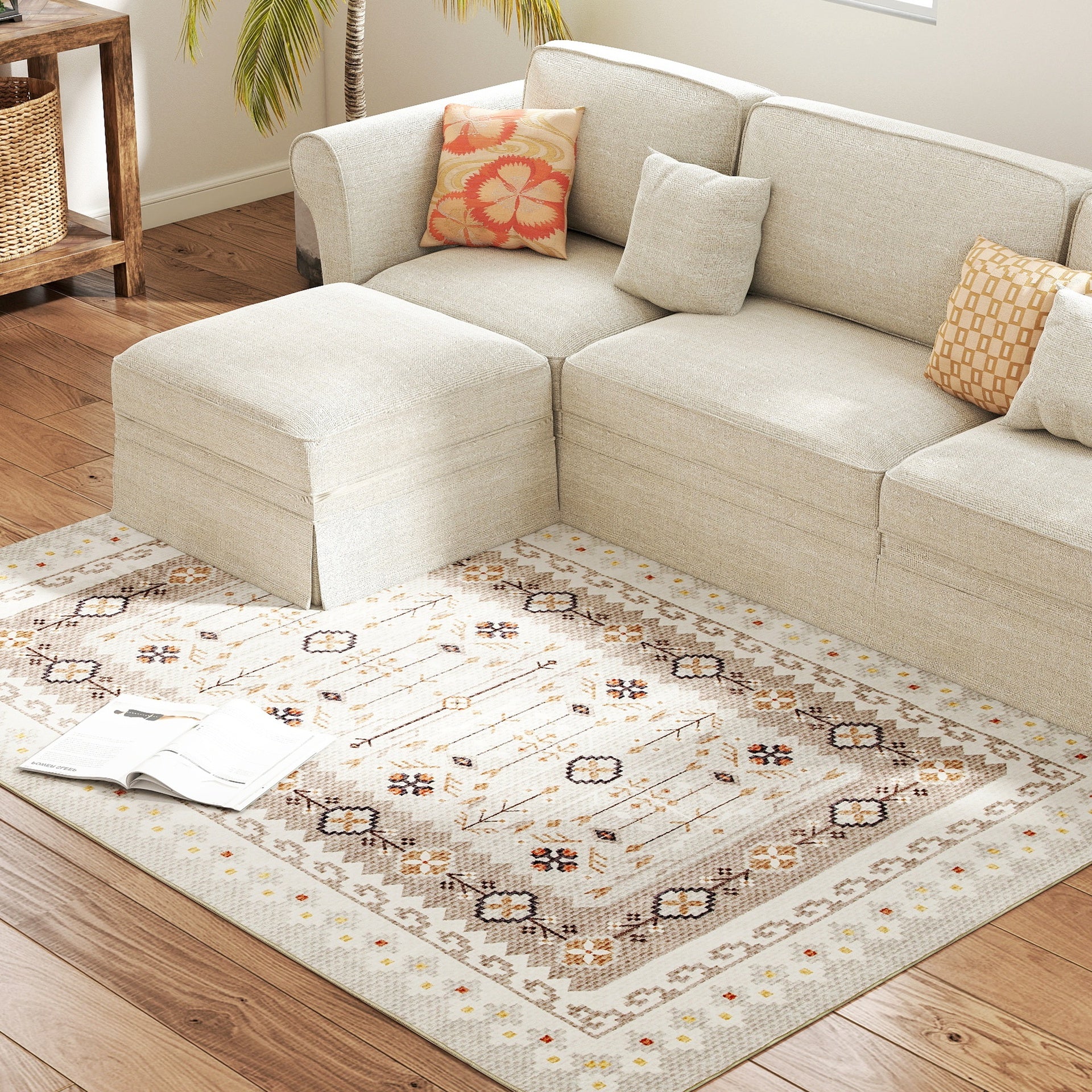 HOMCOM Machine Washable Area Rug 4x6, Non-Slip Boho Flannel Print Floor Carpet for Living Room, Bedroom, Dining Room, Brown