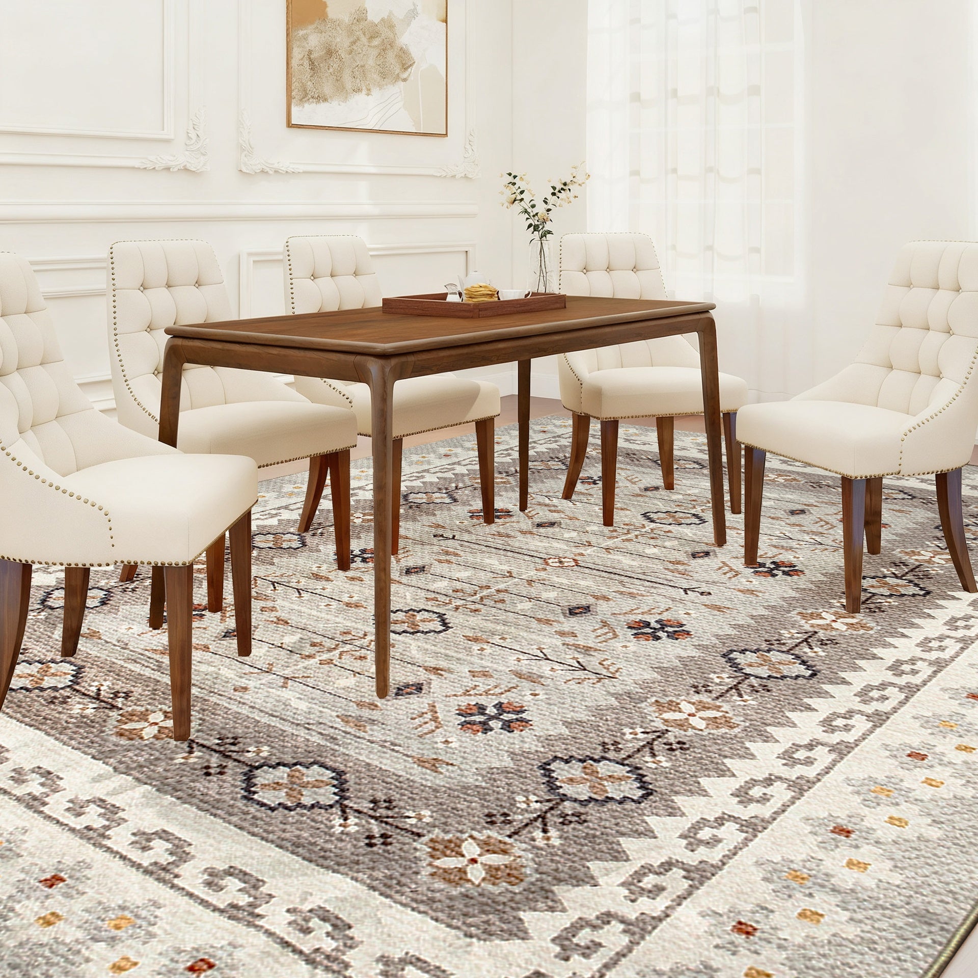 HOMCOM Machine Washable Area Rug 4x6, Non-Slip Boho Flannel Print Floor Carpet for Living Room, Bedroom, Dining Room, Brown