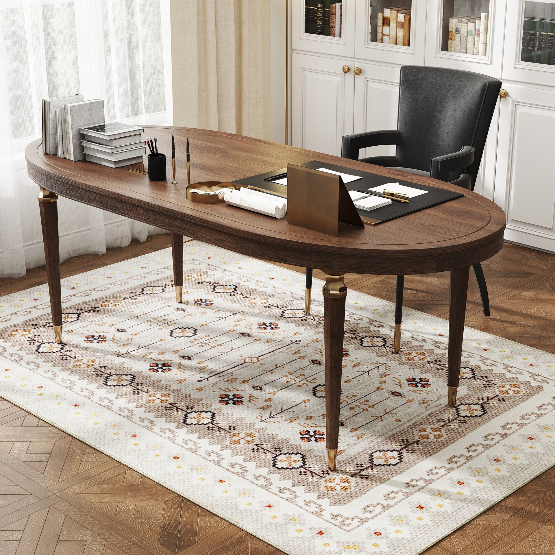 HOMCOM Machine Washable Area Rug 4x6, Non-Slip Boho Flannel Print Floor Carpet for Living Room, Bedroom, Dining Room, Brown