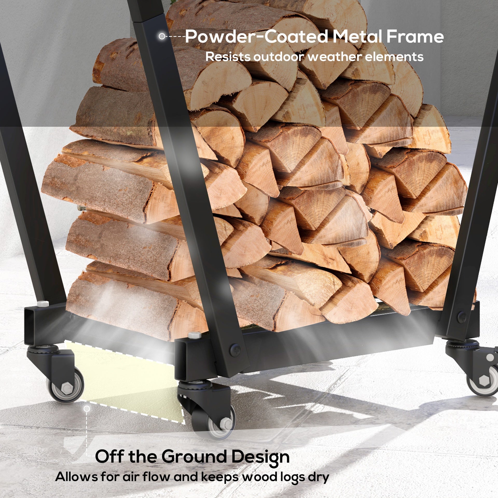 Outsunny Firewood Rack with Wheels, Metal Log Holder with Kindling and Tool Hooks, Indoor/Outdoor, 31.1" x 11.8" x 31.9", Black