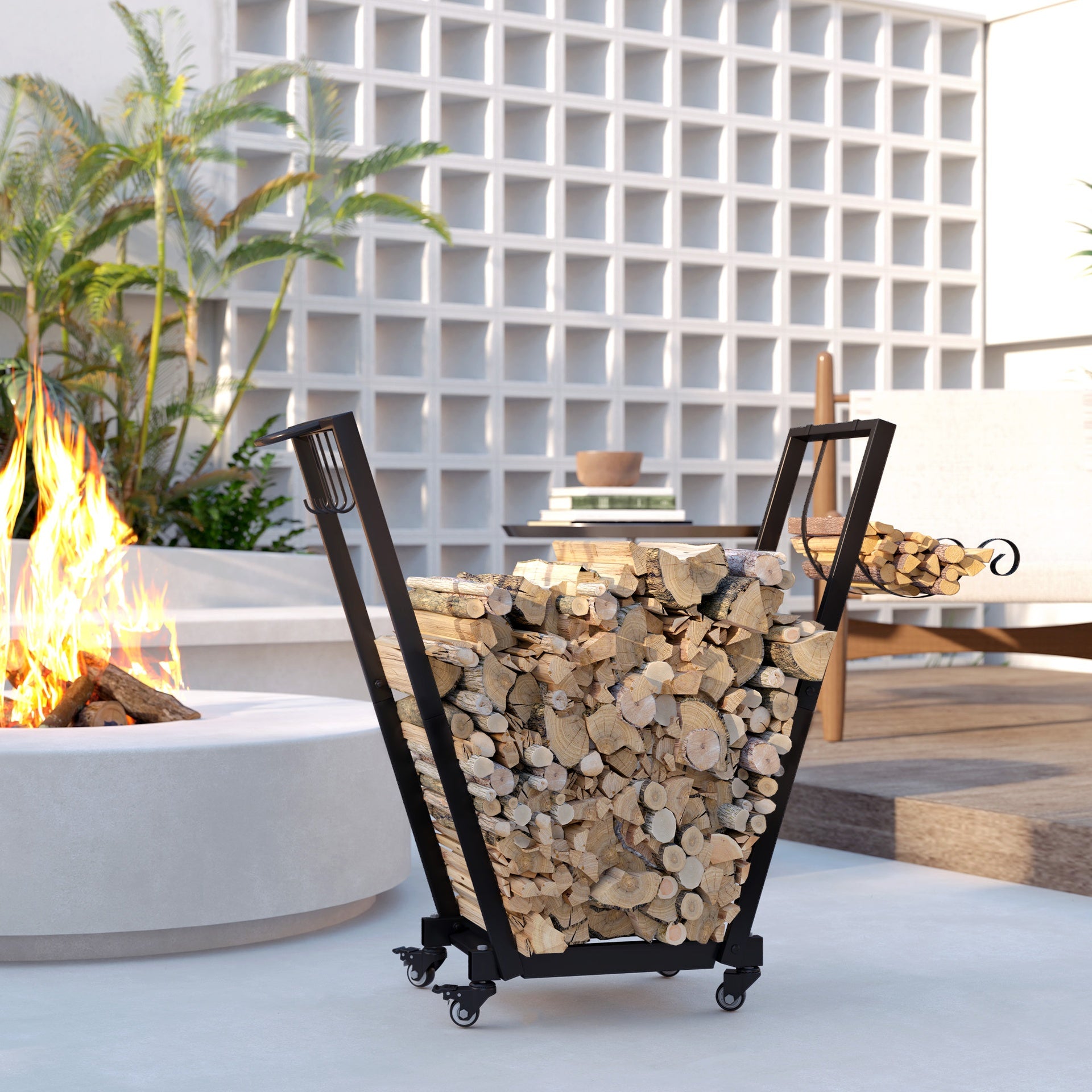 Outsunny Firewood Rack with Wheels, Metal Log Holder with Kindling and Tool Hooks, Indoor/Outdoor, 31.1" x 11.8" x 31.9", Black