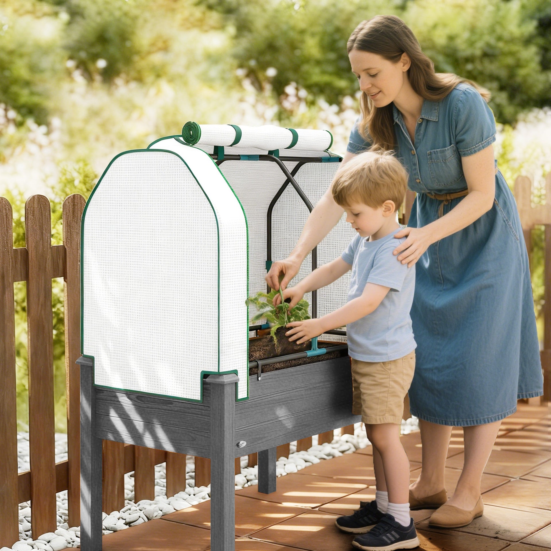 Outsunny Raised Garden Bed with PE Greenhouse Cover Outdoor Planter Box for Herbs and Vegetables, 35 x 22 x 47 inch, Dark Gray