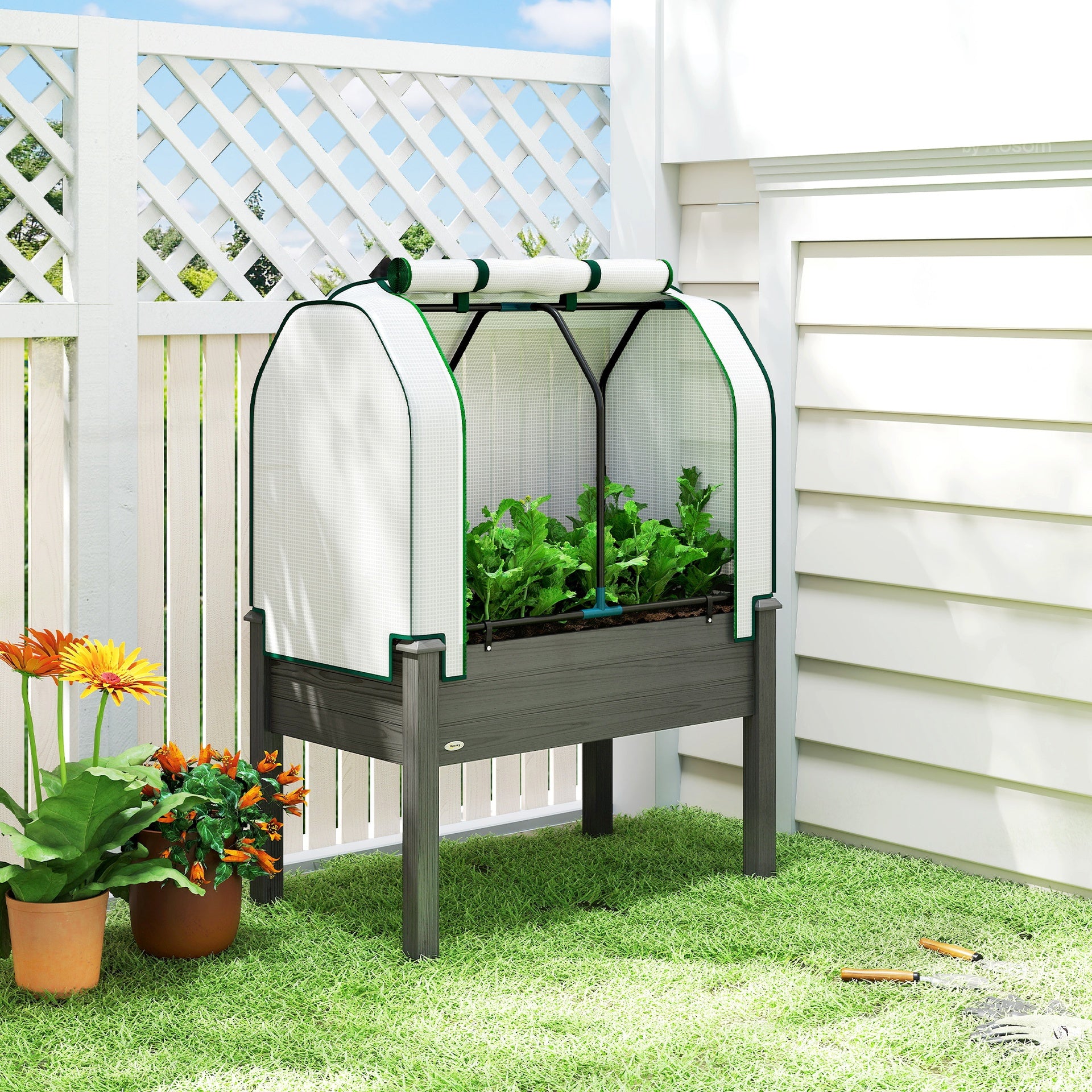 Outsunny Raised Garden Bed with PE Greenhouse Cover Outdoor Planter Box for Herbs and Vegetables, 35 x 22 x 47 inch, Dark Gray