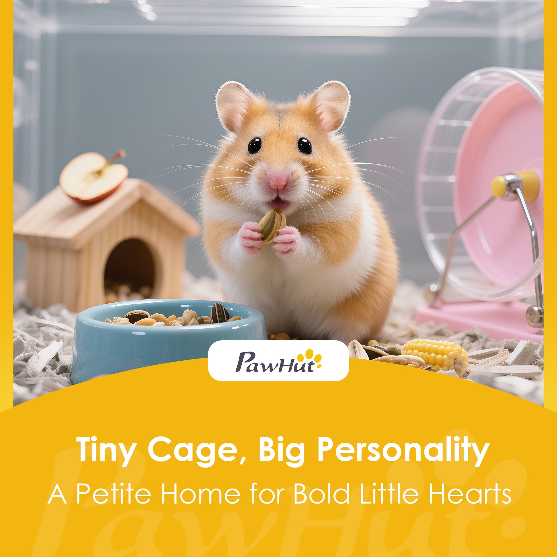 PawHut Wooden Hamster Cage, 3-Tier Small Animal Cage with Hut, Seesaw, Ramps, Exercise Wheel, Acrylic Panel and Bottom Tray