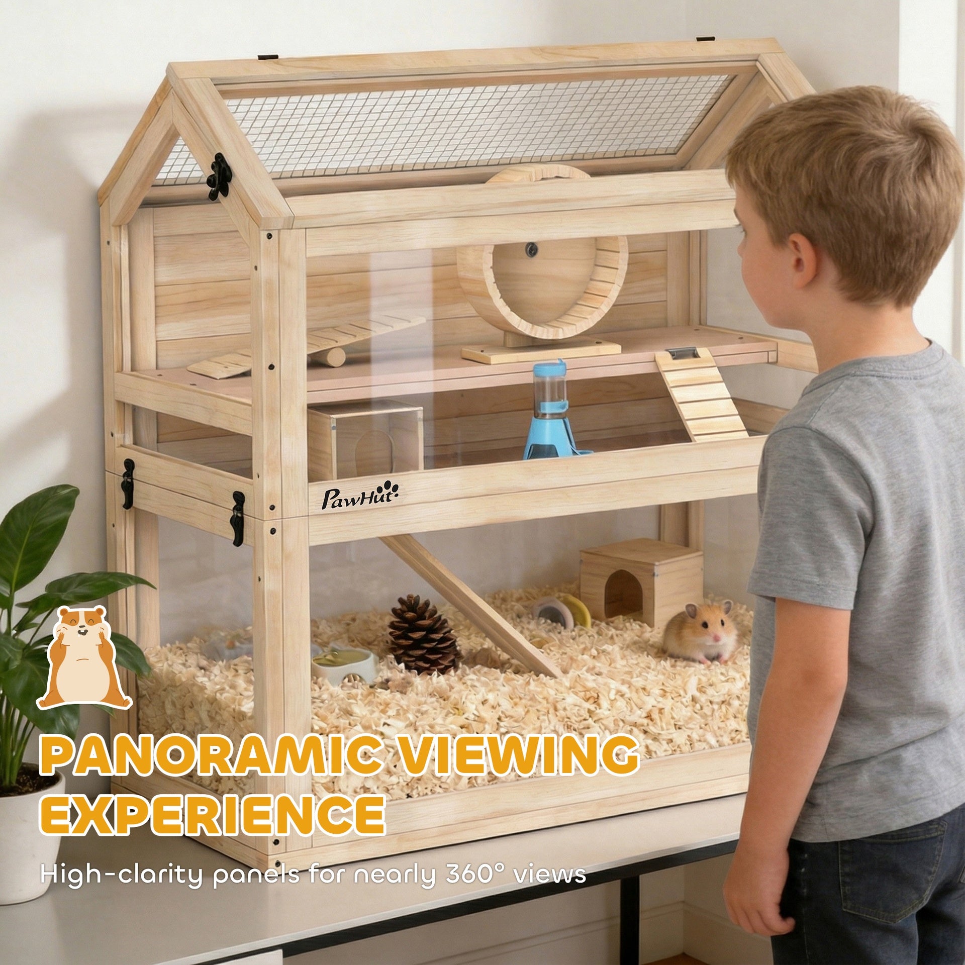 PawHut Wooden Hamster Cage, 3-Tier Small Animal Cage with Hut, Seesaw, Ramps, Exercise Wheel, Acrylic Panel and Bottom Tray