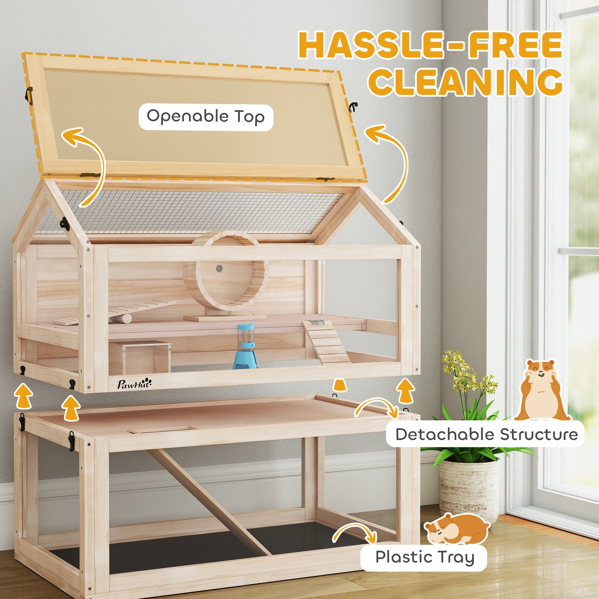 PawHut Wooden Hamster Cage, 3-Tier Small Animal Cage with Hut, Seesaw, Ramps, Exercise Wheel, Acrylic Panel and Bottom Tray