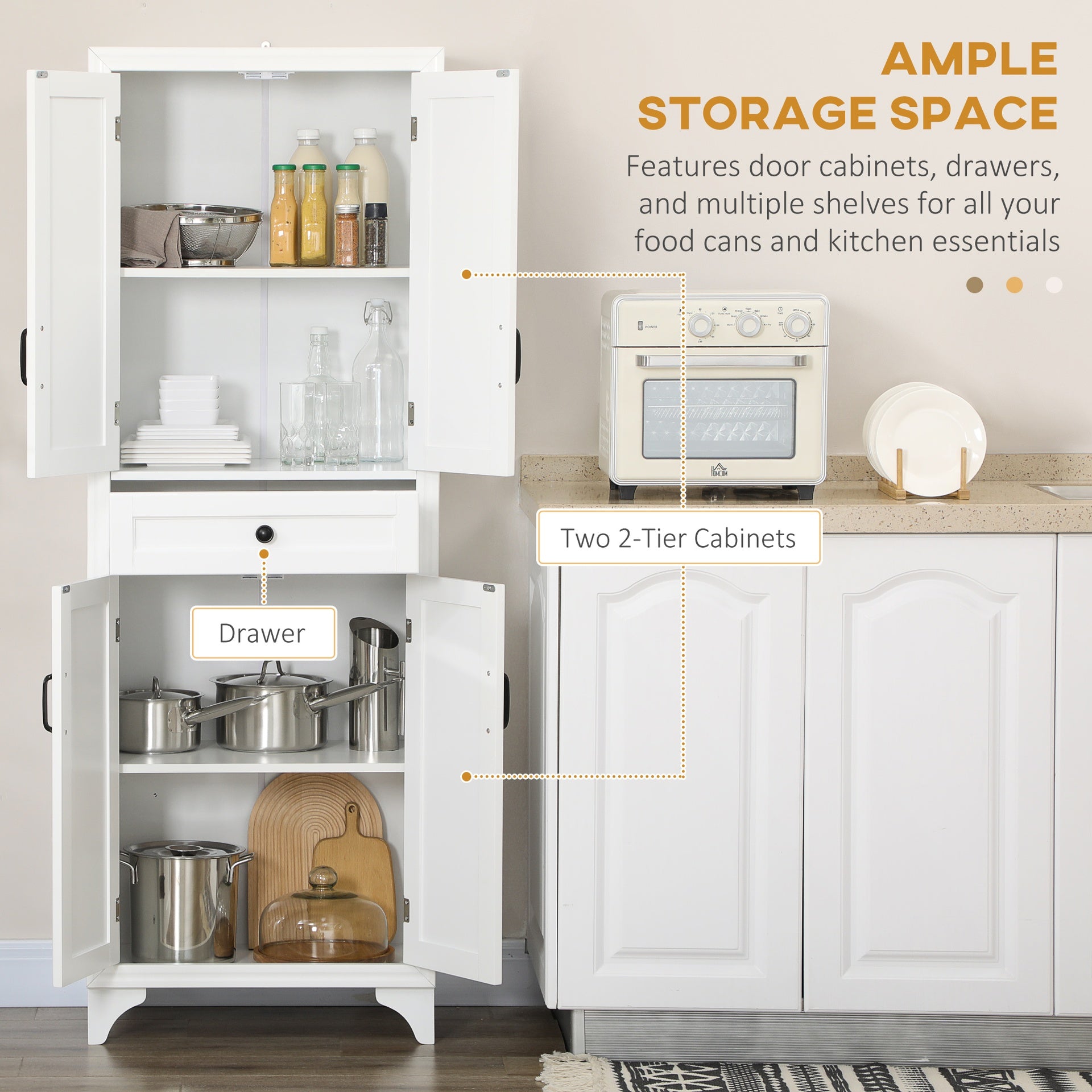 HOMCOM 67" 4-Door Kitchen Pantry with Drawer and Adjustable Shelves, White