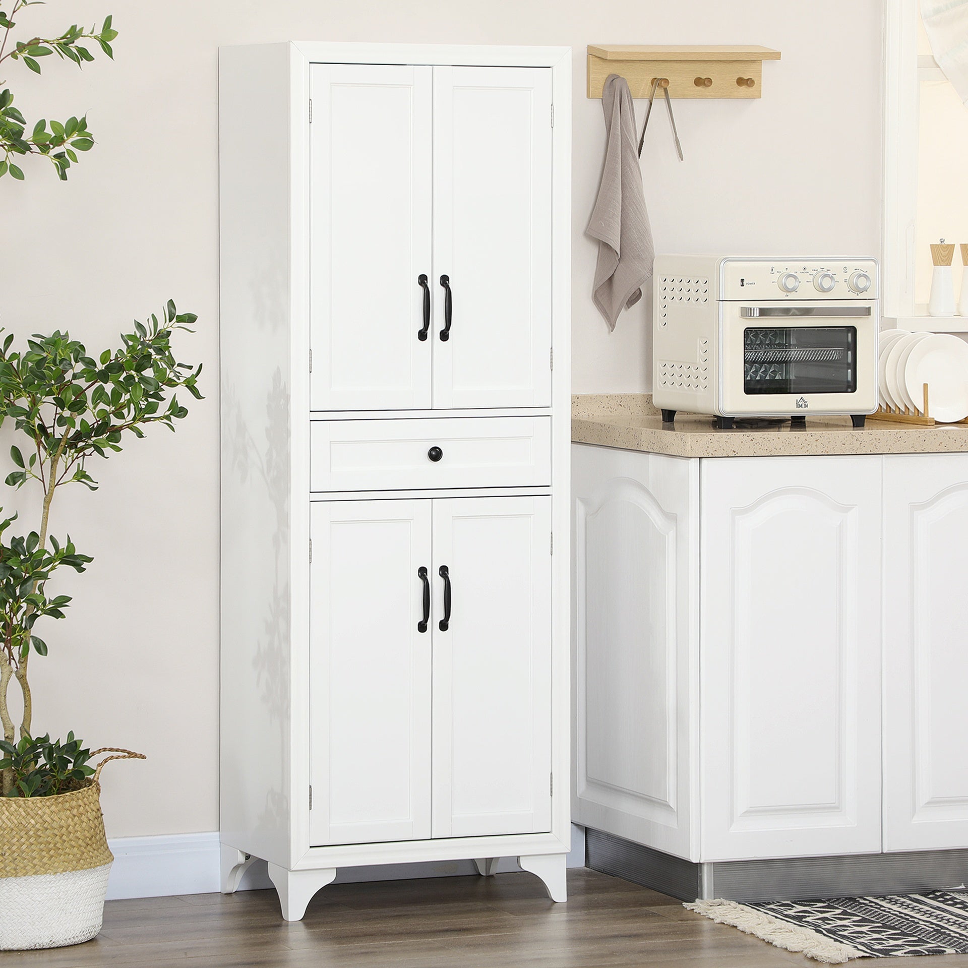 HOMCOM 67" 4-Door Kitchen Pantry with Drawer and Adjustable Shelves, White