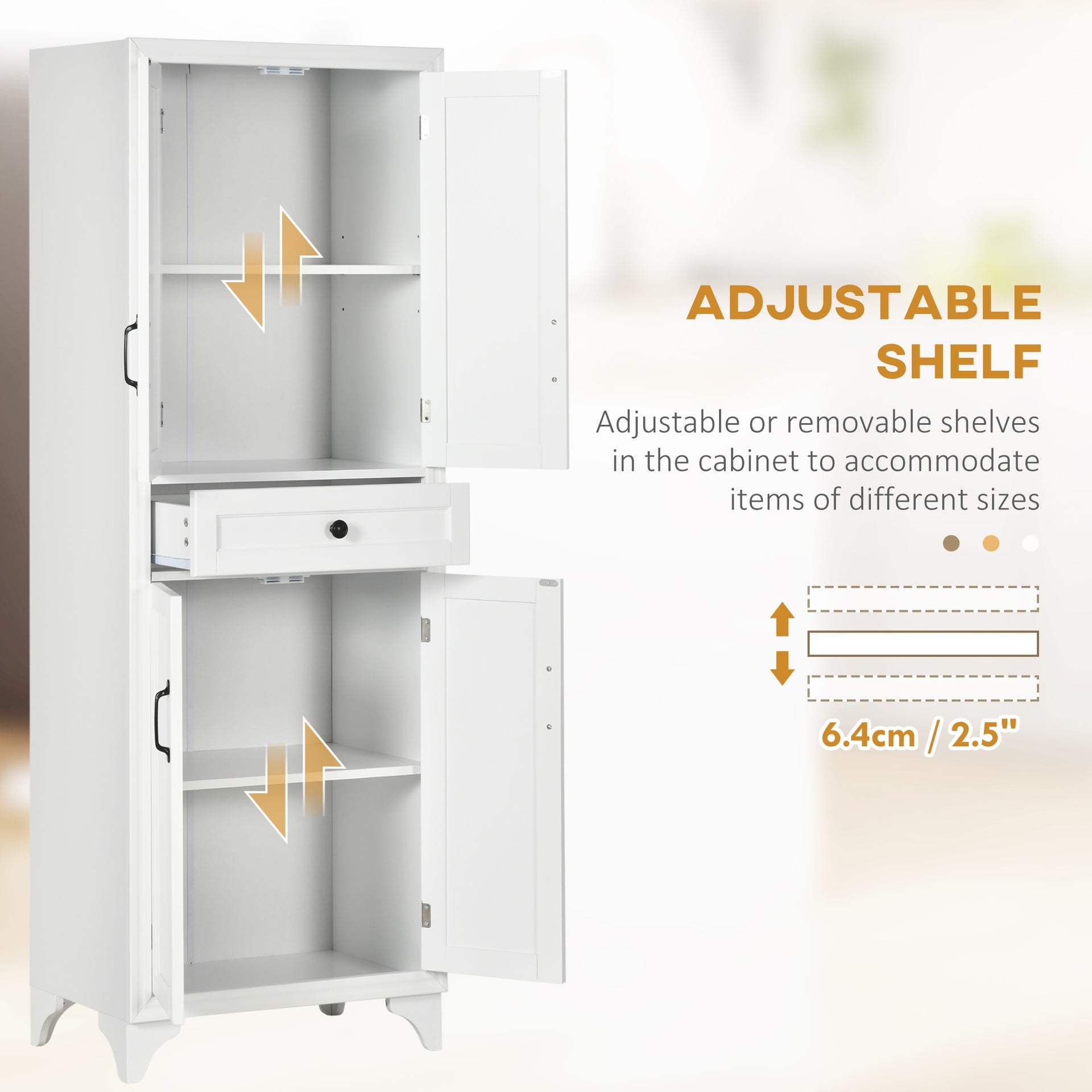 HOMCOM 67" 4-Door Kitchen Pantry with Drawer and Adjustable Shelves, White