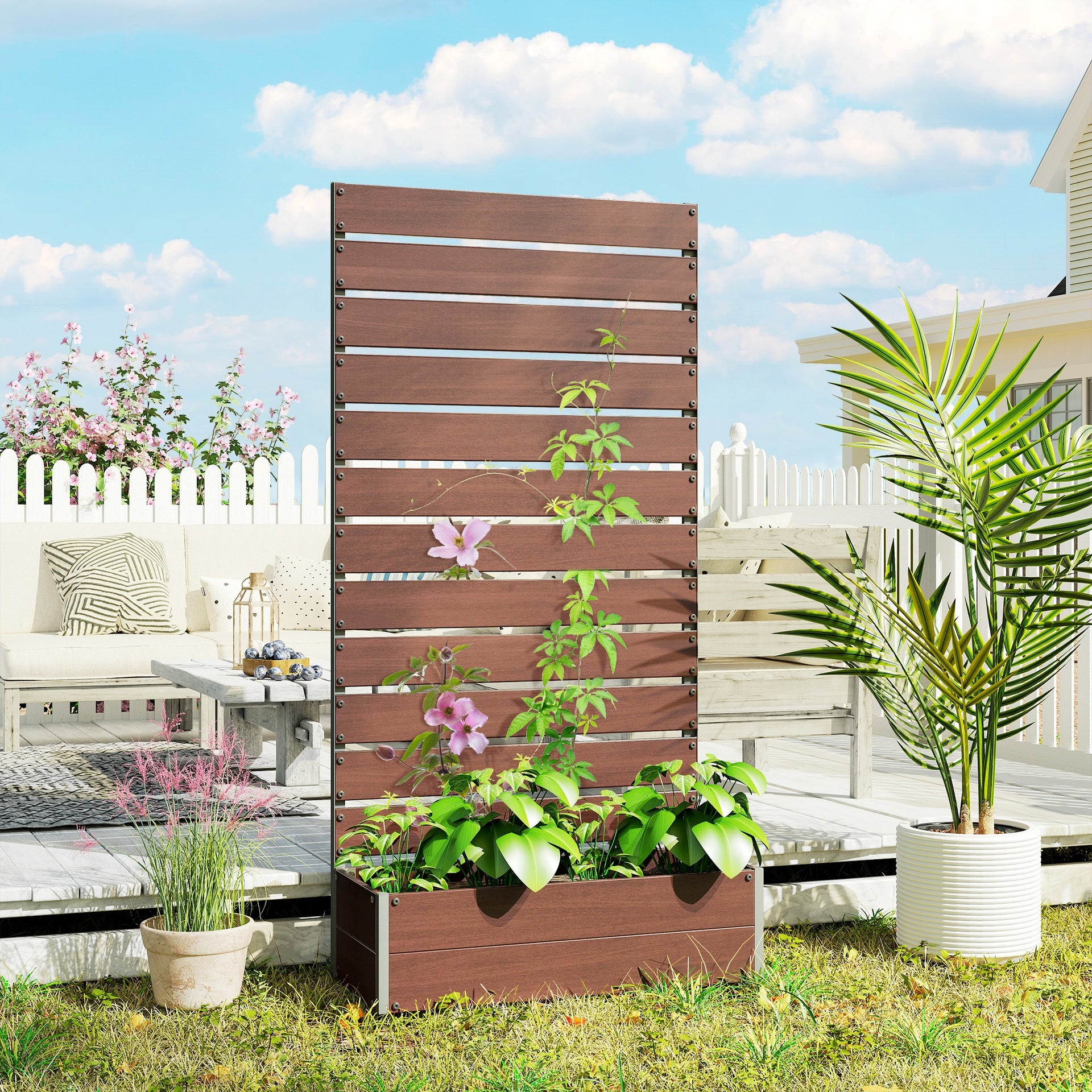 Outsunny Trellis Planter for Climbing Plants, Raised Garden Bed with Trellis, Planter Box for Outdoor Garden, Light Brown