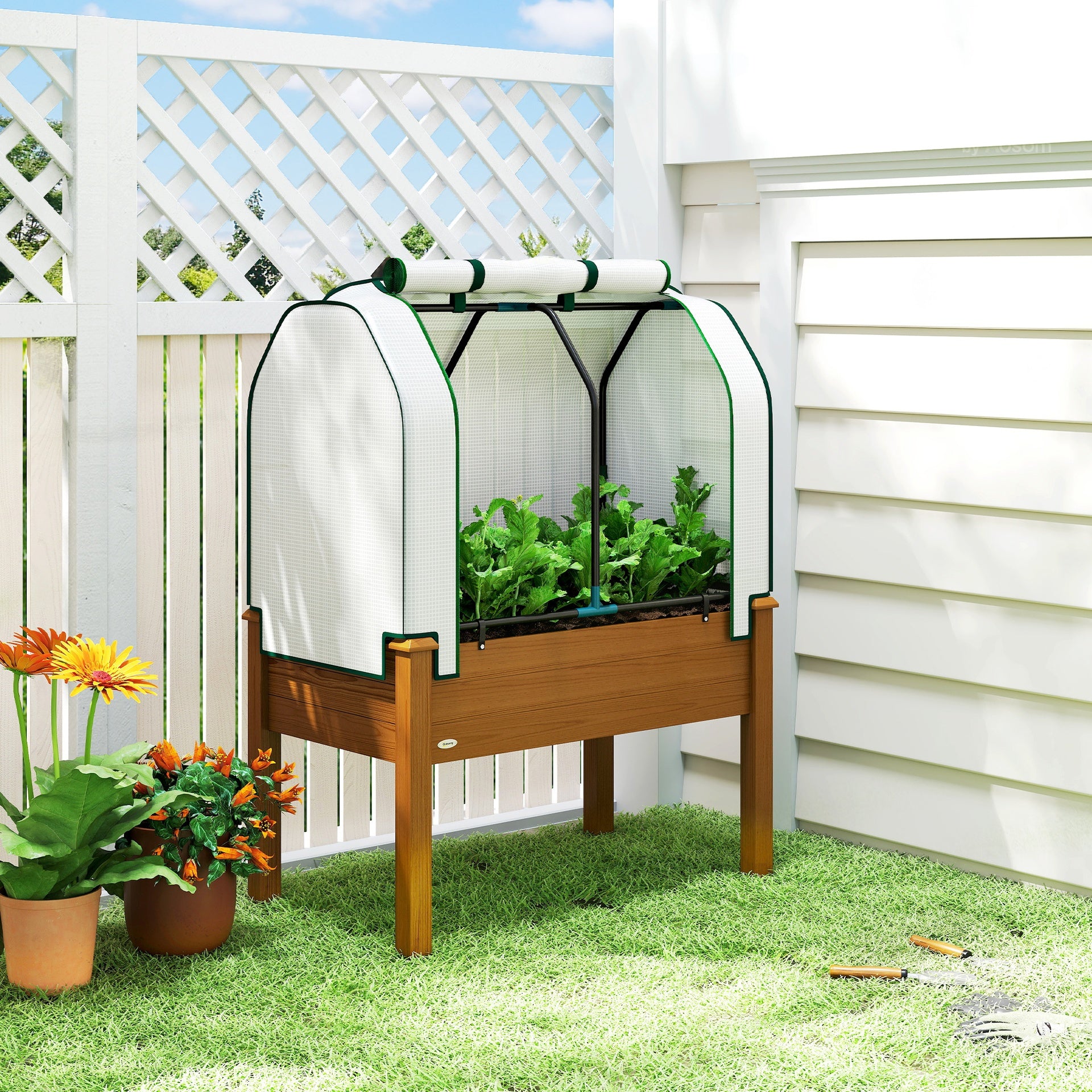 Outsunny Raised Garden Bed with PE Greenhouse Cover Outdoor Planter Box for Herbs and Vegetables, 35 x 22 x 47 inch, Brown