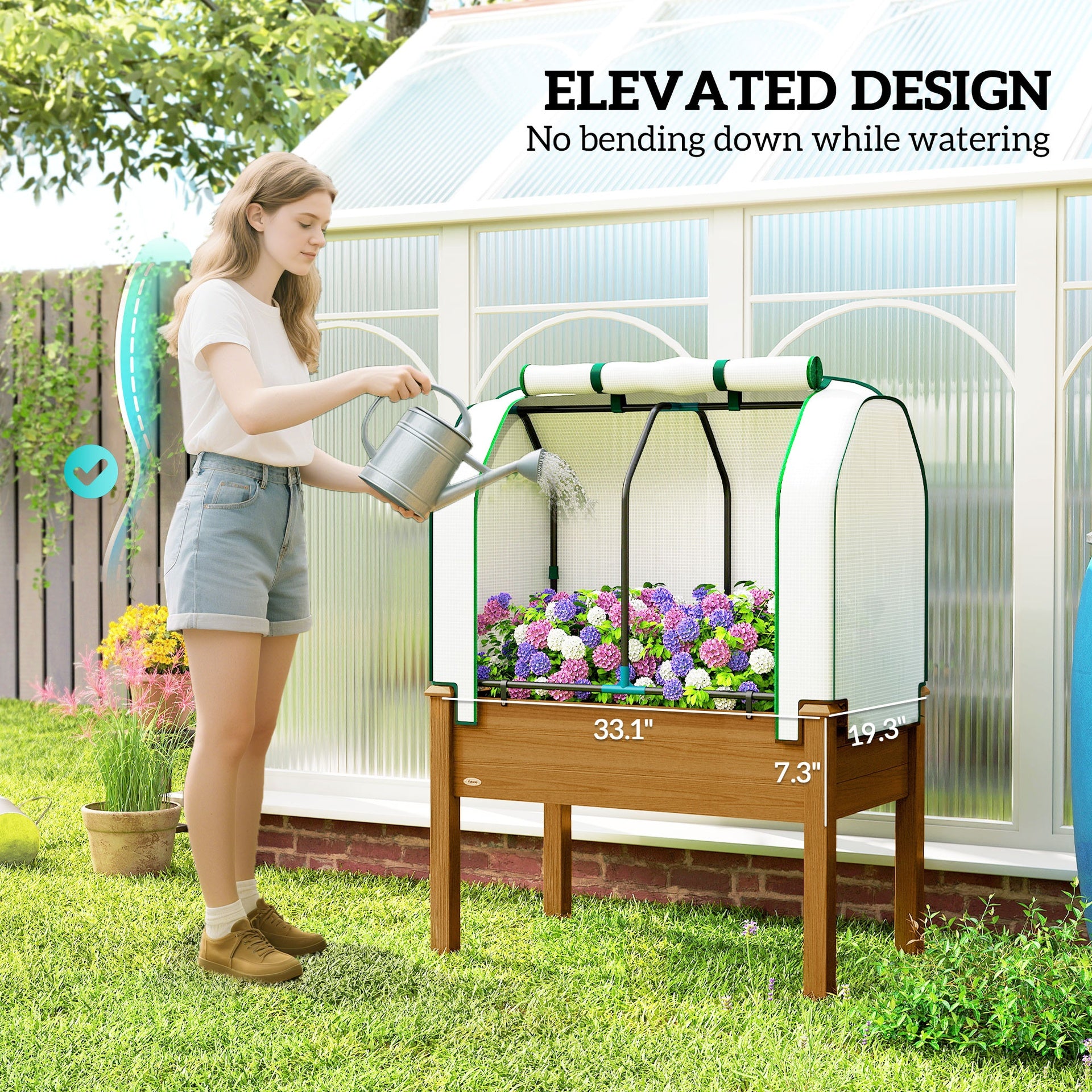 Outsunny Raised Garden Bed with PE Greenhouse Cover Outdoor Planter Box for Herbs and Vegetables, 35 x 22 x 47 inch, Brown