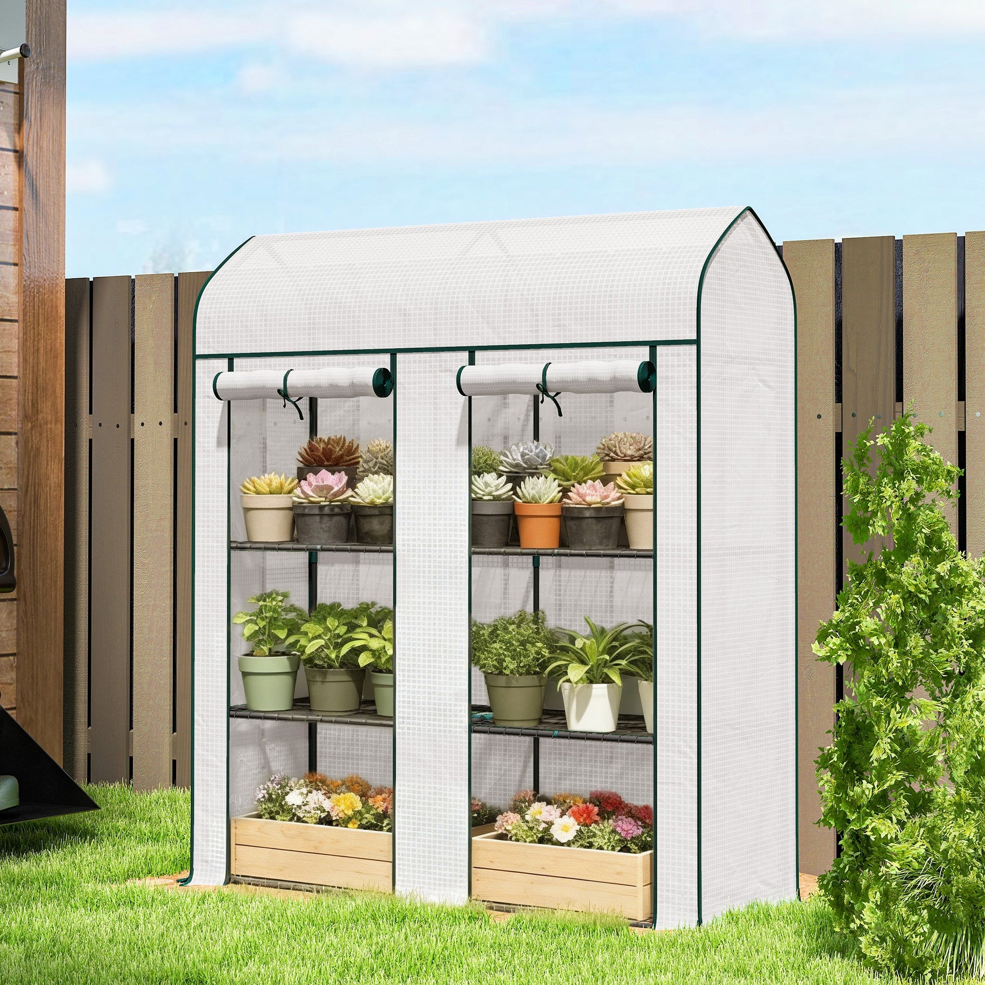 Outsunny 3 Tier Mini Greenhouse, Small Portable Greenhouse with 2 Roll-up Doors, 56.3" x 18.1" x 65", White