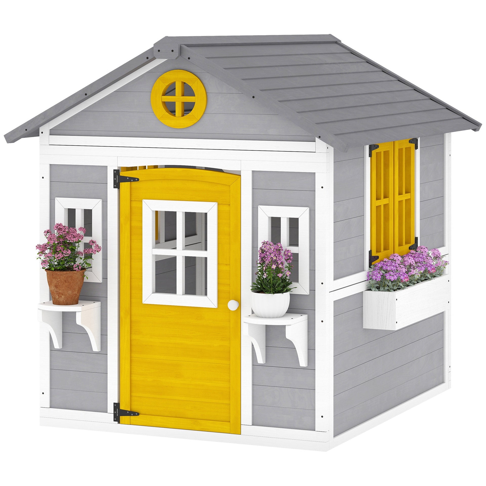 Outsunny Wooden Playhouse for Kids Outdoor with Doors, Windows, Planter Pots and Boxes for Toddlers 3-8 Years, Gray