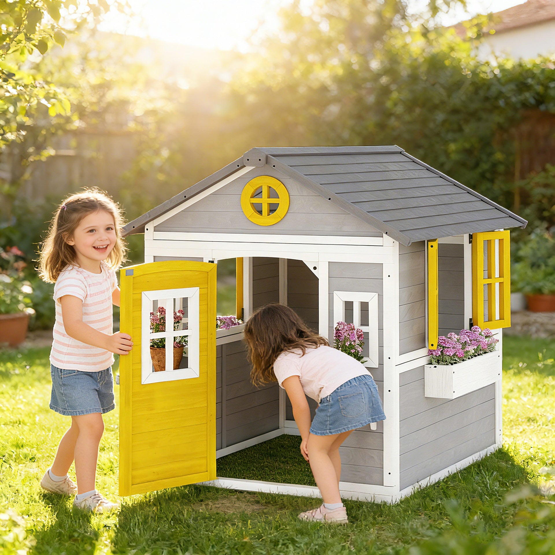 Outsunny Wooden Playhouse for Kids Outdoor with Doors, Windows, Planter Pots and Boxes for Toddlers 3-8 Years, Gray