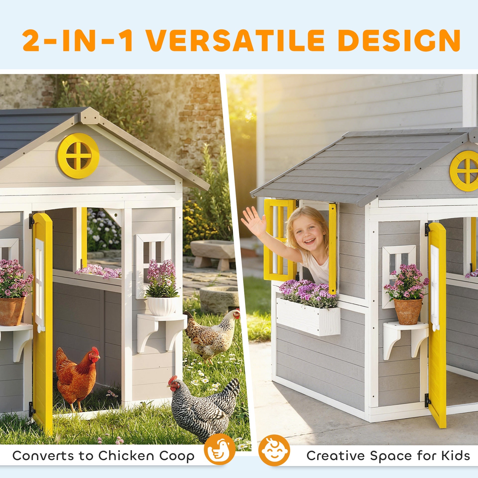 Outsunny Wooden Playhouse for Kids Outdoor with Doors, Windows, Planter Pots and Boxes for Toddlers 3-8 Years, Gray