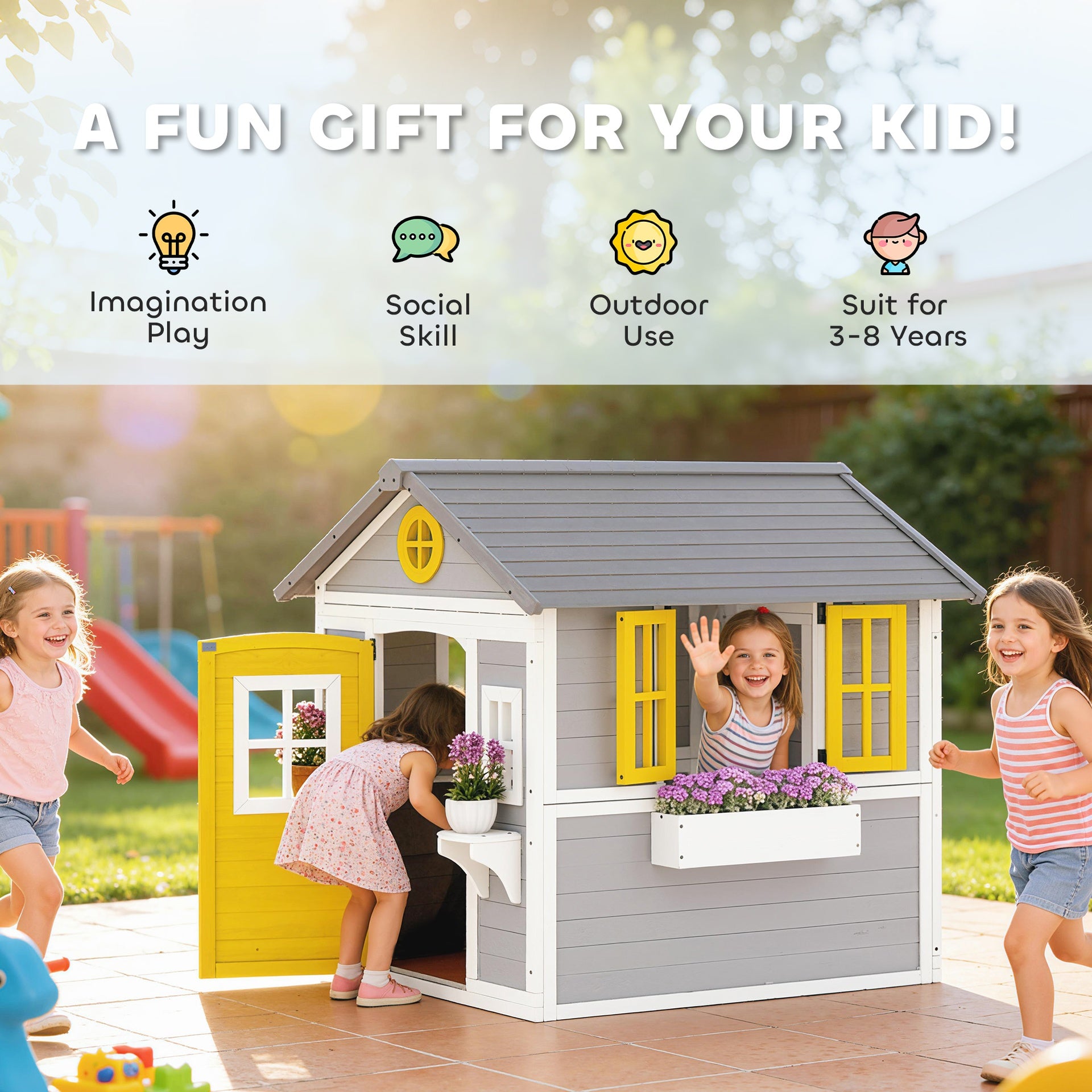 Outsunny Wooden Playhouse for Kids Outdoor with Doors, Windows, Planter Pots and Boxes for Toddlers 3-8 Years, Gray