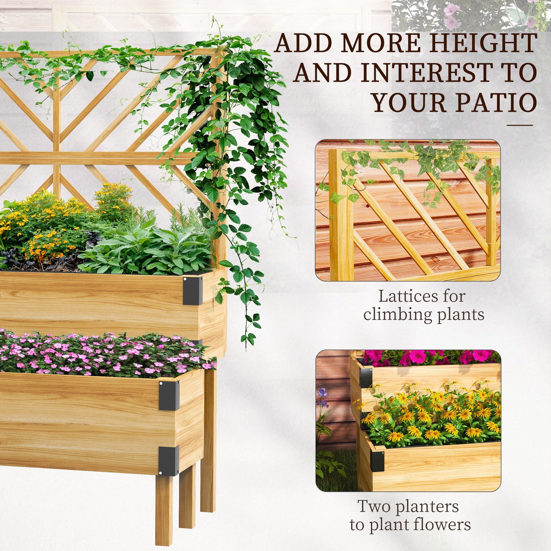 Outsunny 2 Tier Trellis Planter, Wooden Raised Garden Bed, Natural