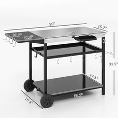 Outsunny Outdoor Bar Cart Grill Table with Stainless Steel Tabletop, Wheeled Outdoor Serving Cart Prep Table with Storage, Hooks
