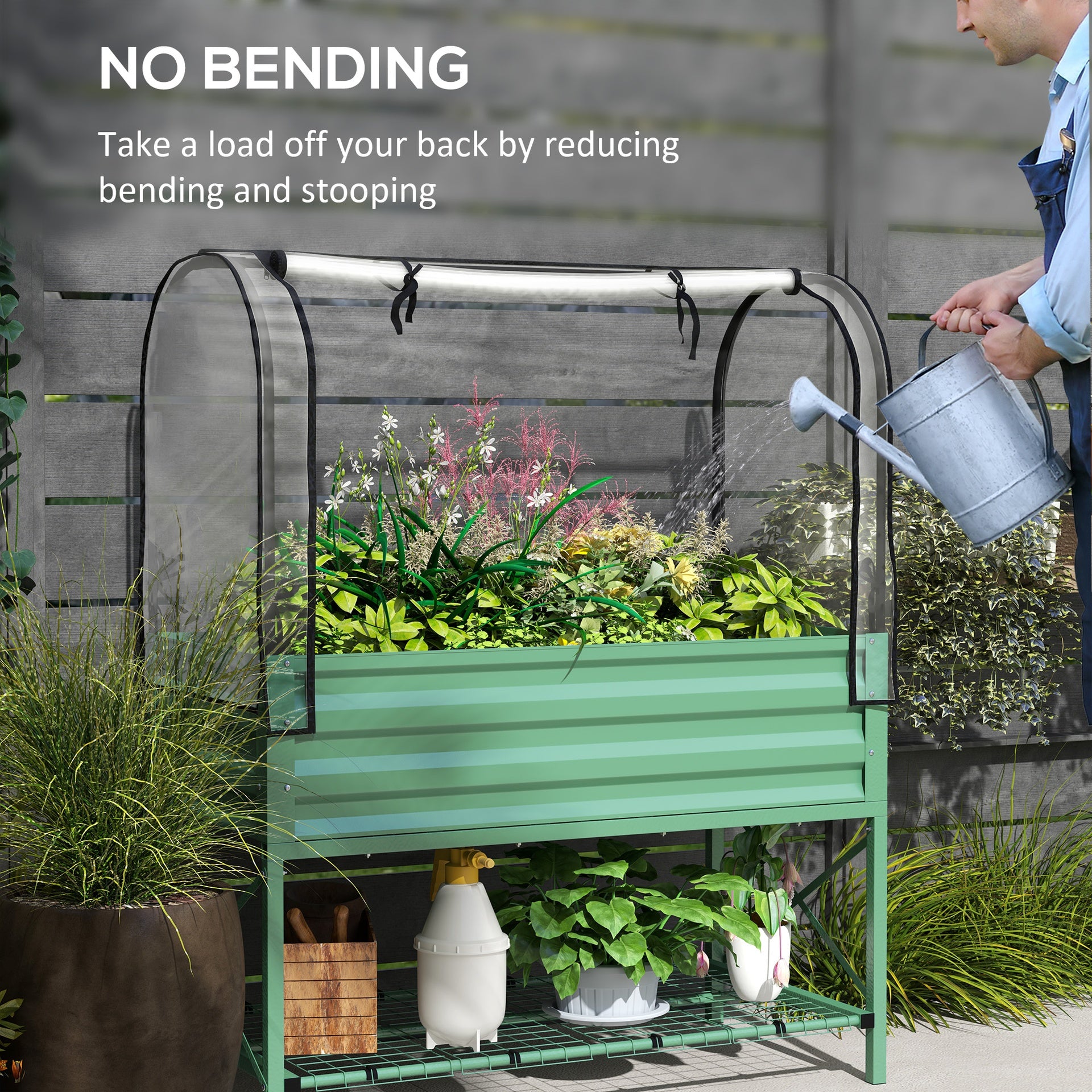 Outsunny Raised Garden Bed with Legs and Cover, Metal Elevated Planter Box with Bottom Shelf and Liner for Vegetables, Green