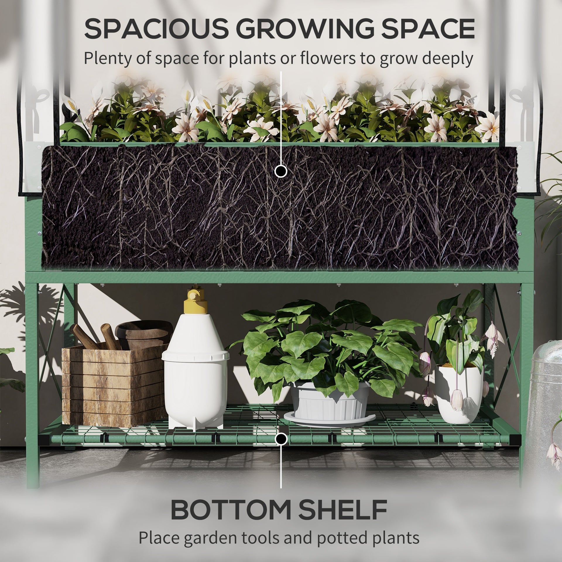 Outsunny Raised Garden Bed with Legs and Cover, Metal Elevated Planter Box with Bottom Shelf and Liner for Vegetables, Green
