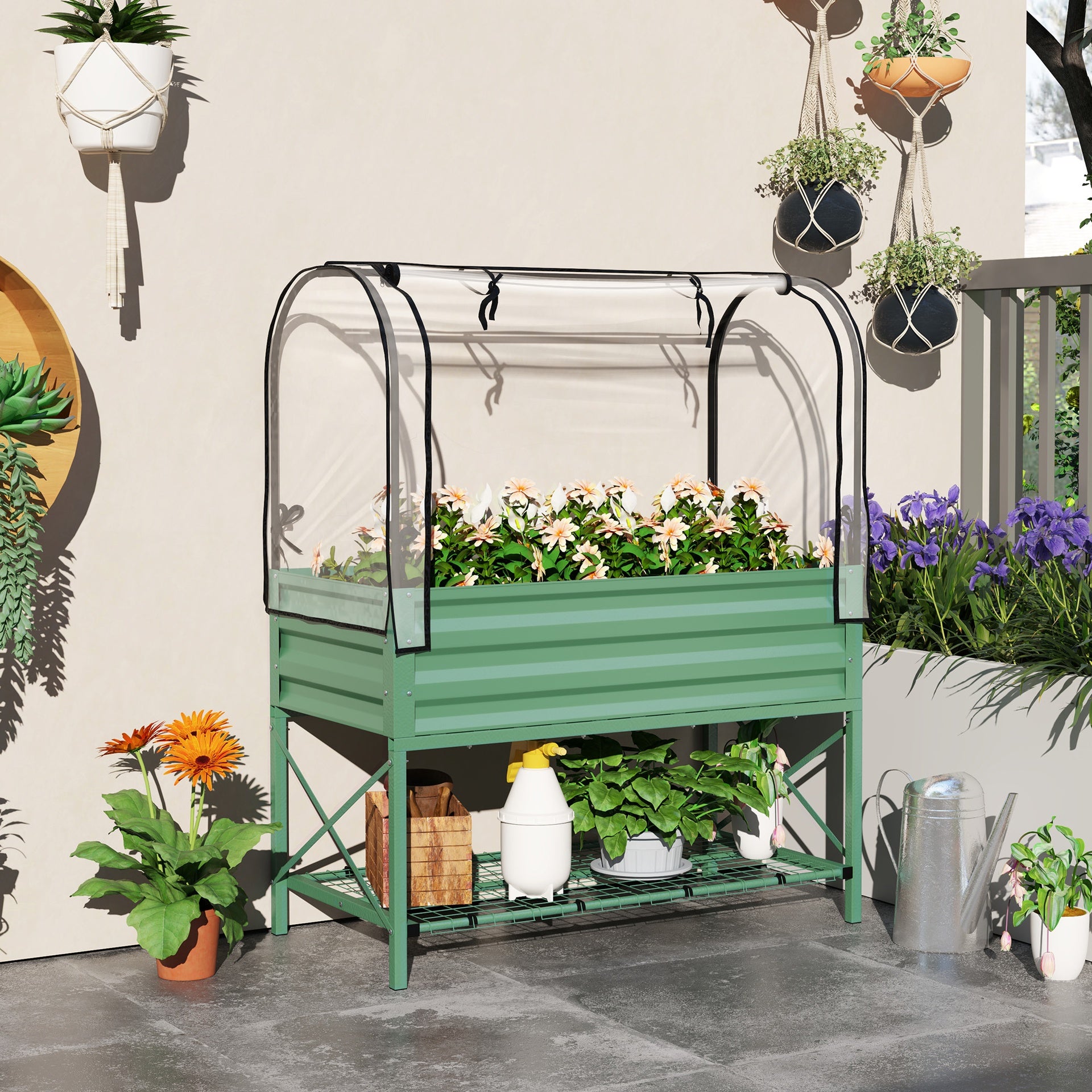 Outsunny Raised Garden Bed with Legs and Cover, Metal Elevated Planter Box with Bottom Shelf and Liner for Vegetables, Green