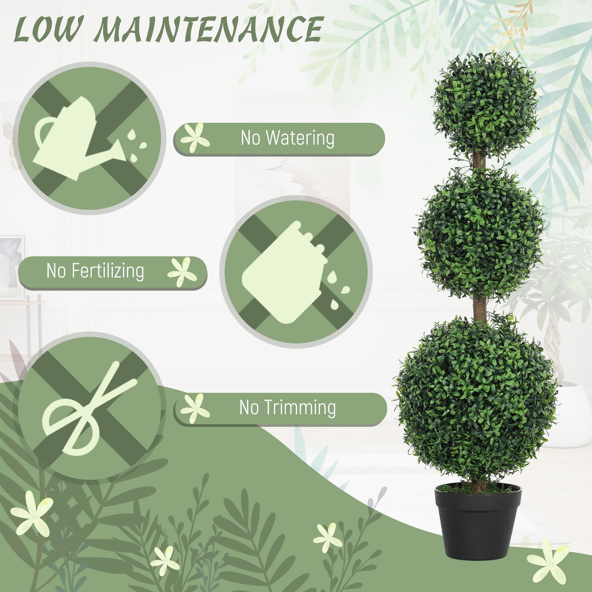 HOMCOM Set of 2 Artificial Ball Boxwood Topiary Trees, Fake Plants in Pot for Indoor Outdoor Living Room Green