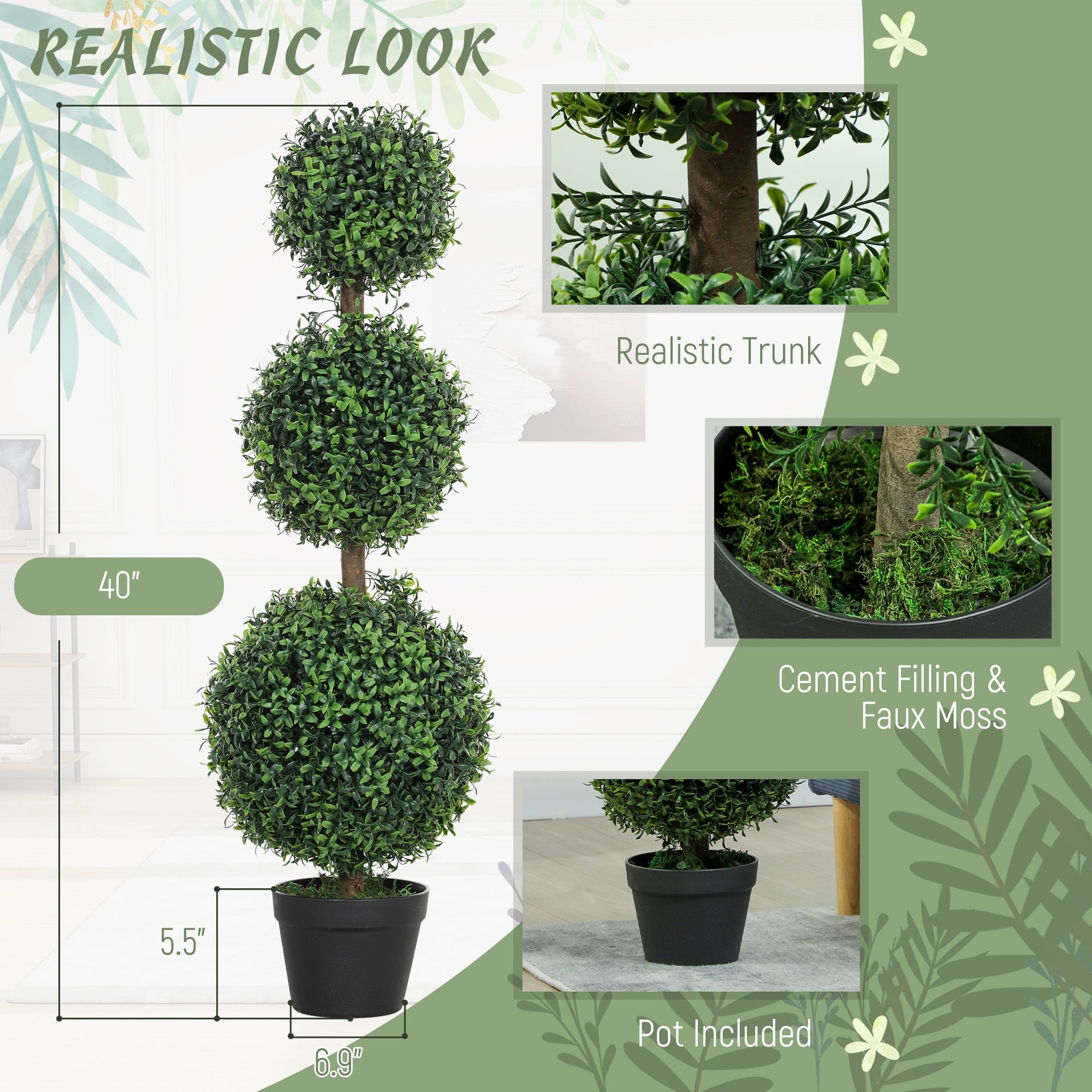 HOMCOM Set of 2 Artificial Ball Boxwood Topiary Trees, Fake Plants in Pot for Indoor Outdoor Living Room Green