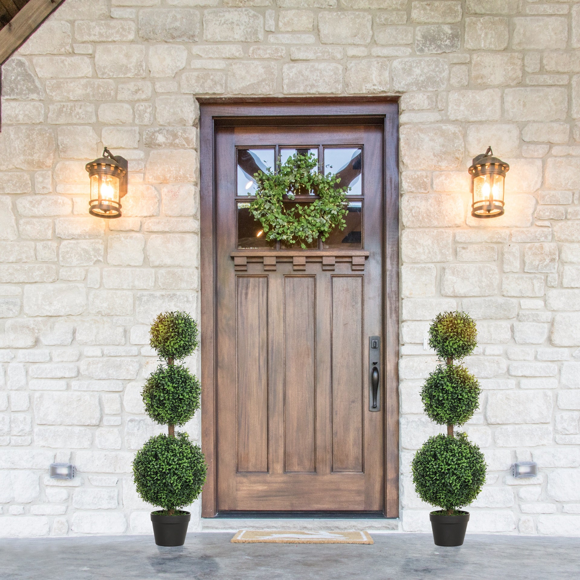 HOMCOM Set of 2 Artificial Ball Boxwood Topiary Trees, Fake Plants in Pot for Indoor Outdoor Living Room Green