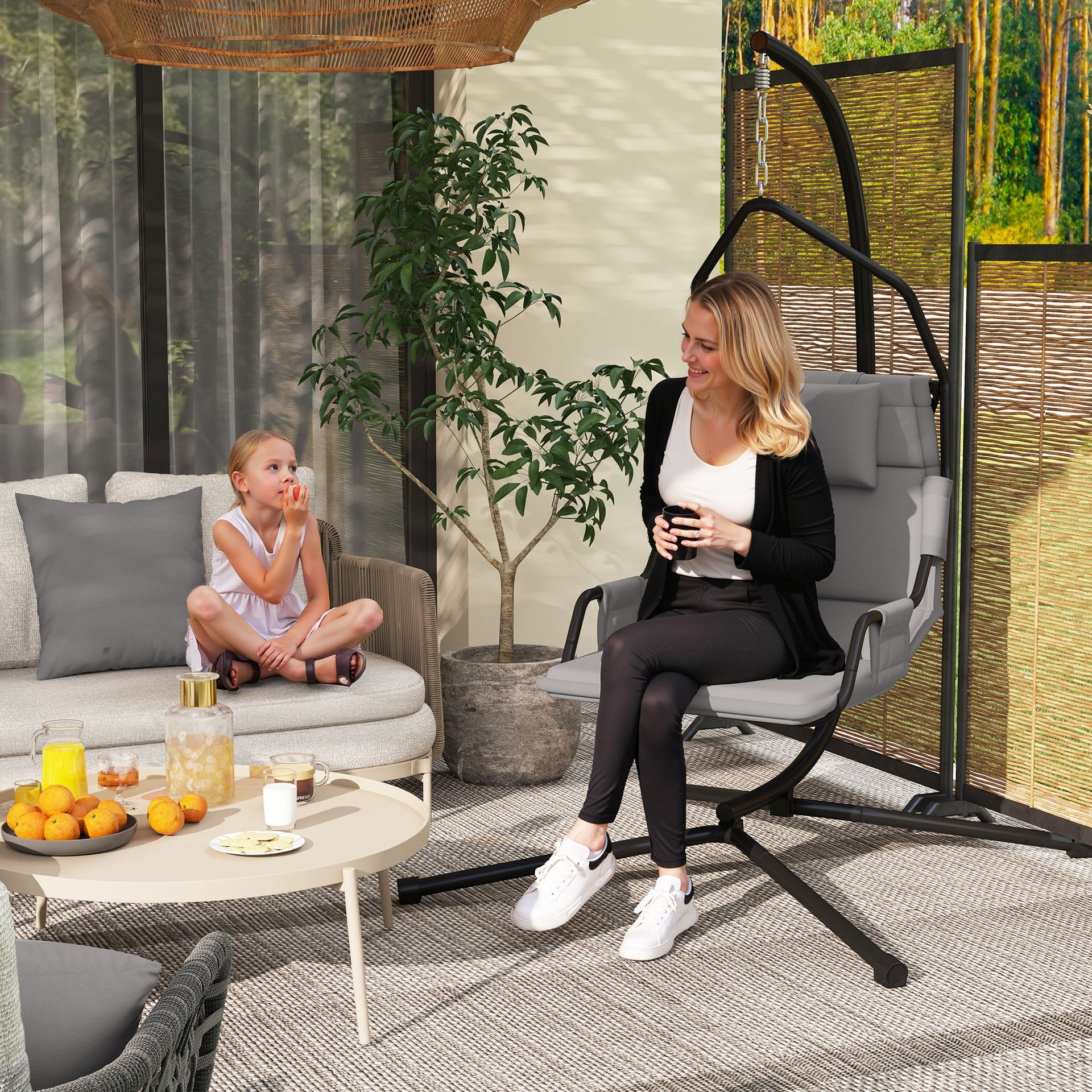 Outsunny Hammock Chair with Stand and PA Coating Cushion, Hanging Swing Chair with Steel Frame for Indoor and Outdoor, Gray
