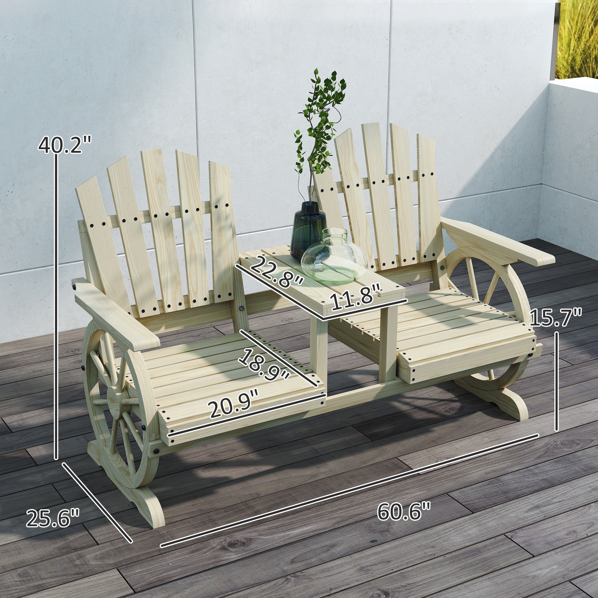 Outsunny 2-Seat Wooden Garden Bench with Table, Umbrella Hole, High Backrest, Armrests for Backyard, Patio, Garden, Natural Wood