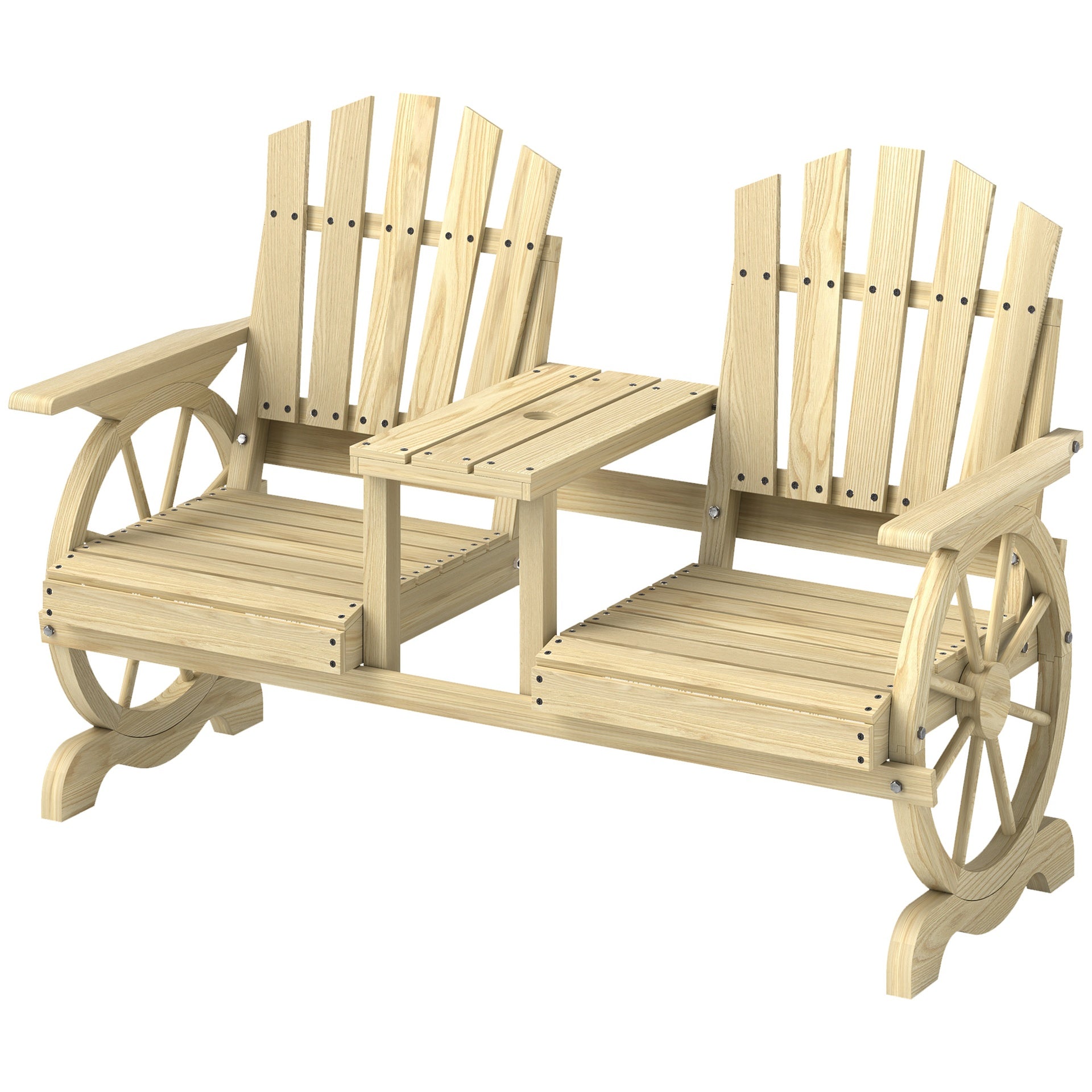Outsunny 2-Seat Wooden Garden Bench with Table, Umbrella Hole, High Backrest, Armrests for Backyard, Patio, Garden, Natural Wood