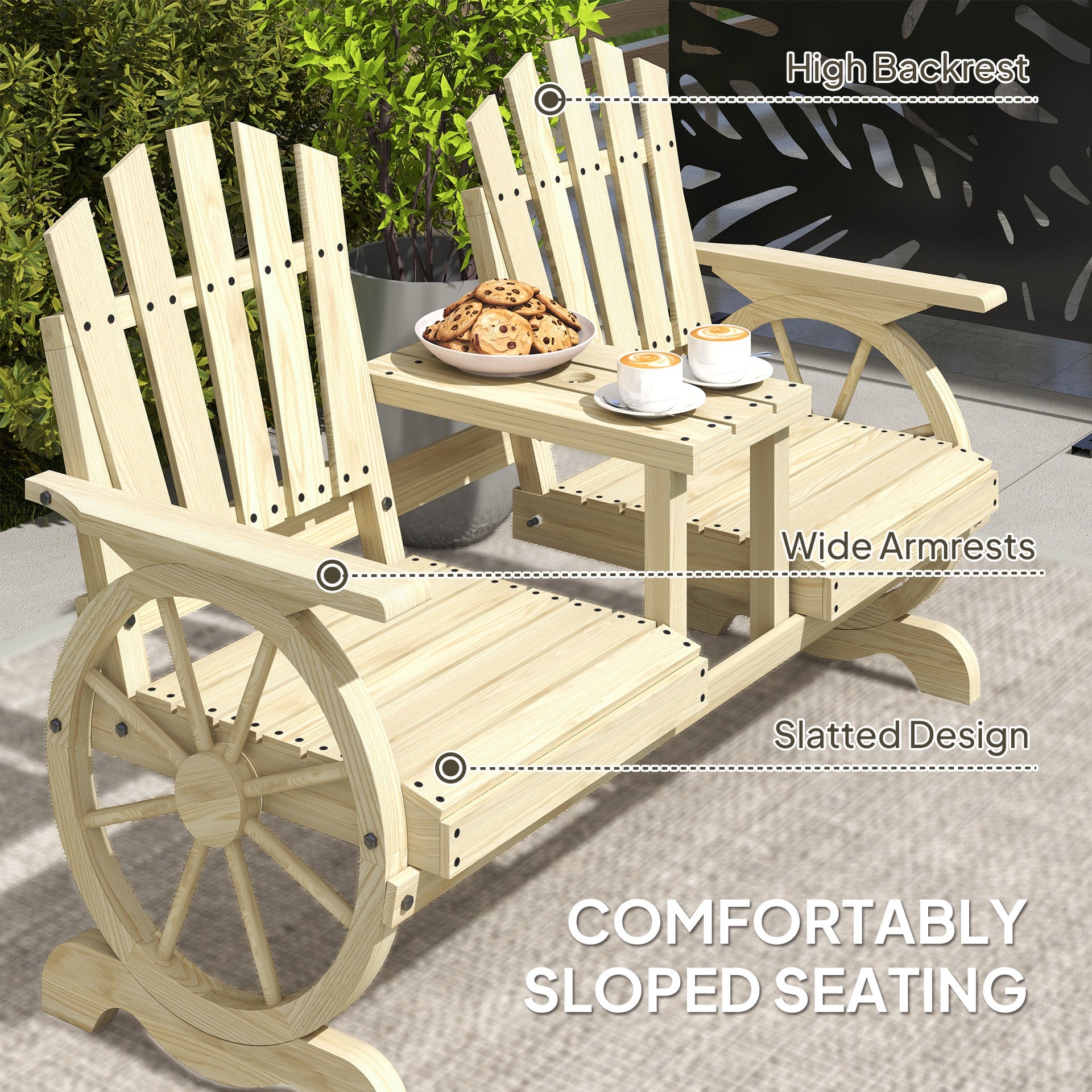 Outsunny 2-Seat Wooden Garden Bench with Table, Umbrella Hole, High Backrest, Armrests for Backyard, Patio, Garden, Natural Wood