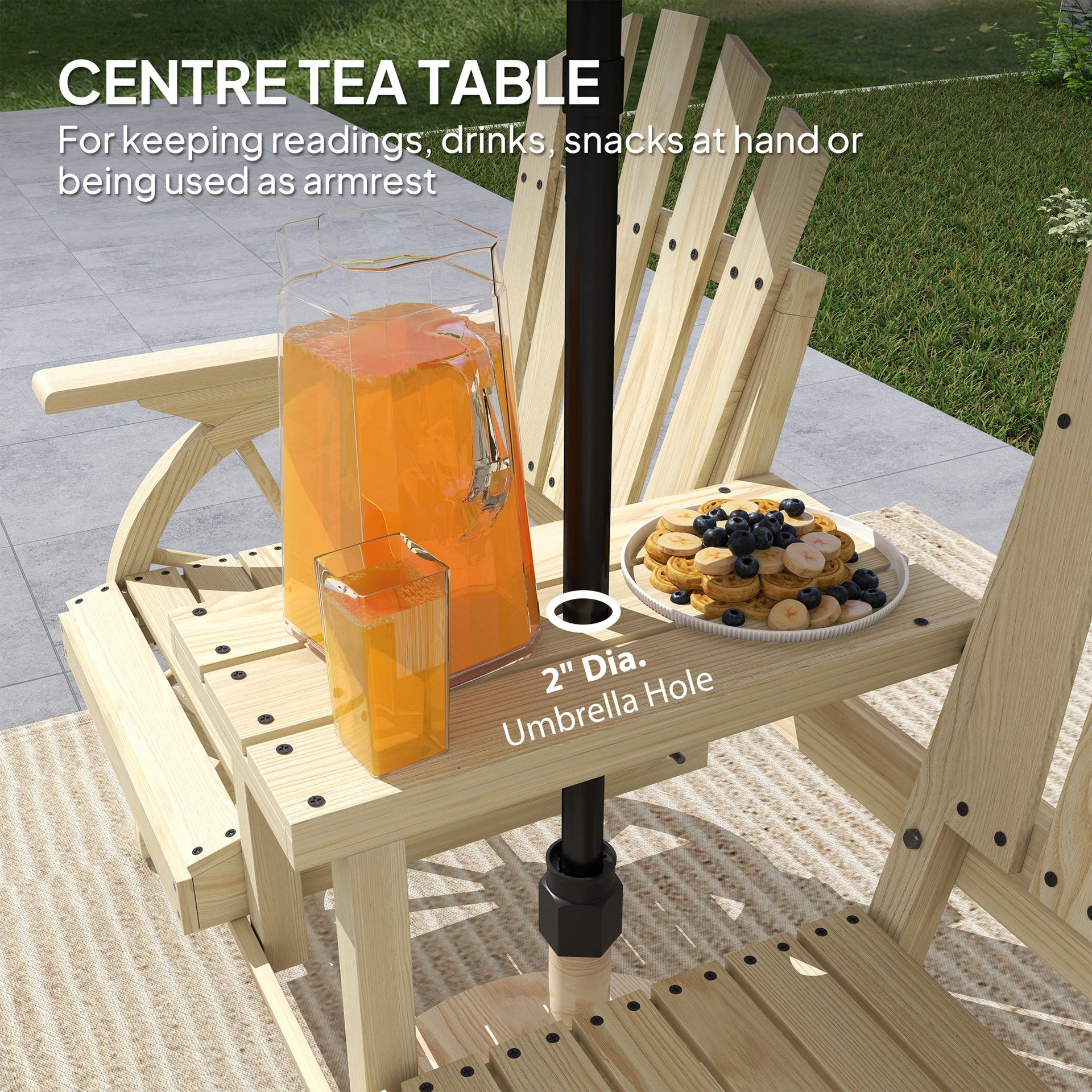 Outsunny 2-Seat Wooden Garden Bench with Table, Umbrella Hole, High Backrest, Armrests for Backyard, Patio, Garden, Natural Wood