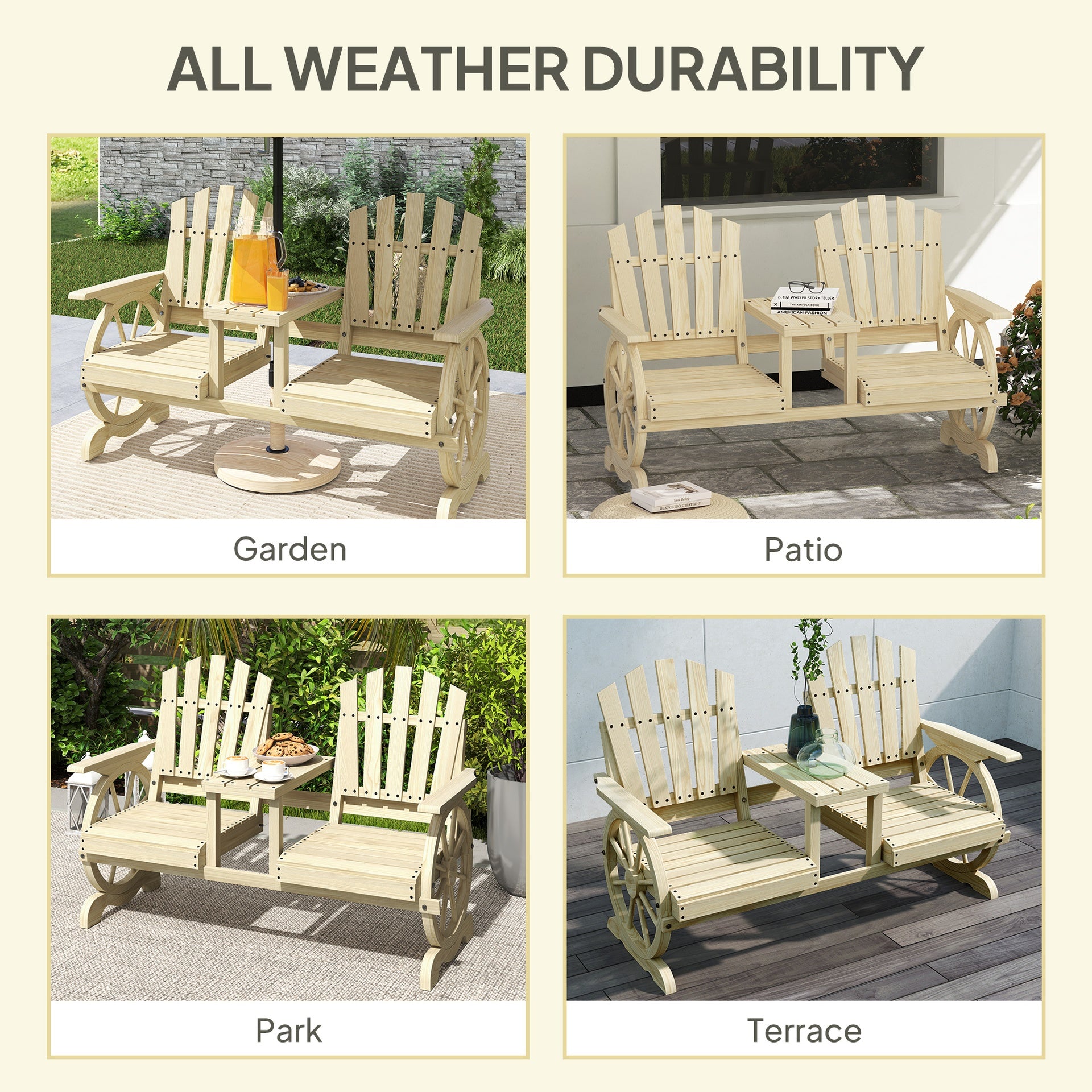 Outsunny 2-Seat Wooden Garden Bench with Table, Umbrella Hole, High Backrest, Armrests for Backyard, Patio, Garden, Natural Wood