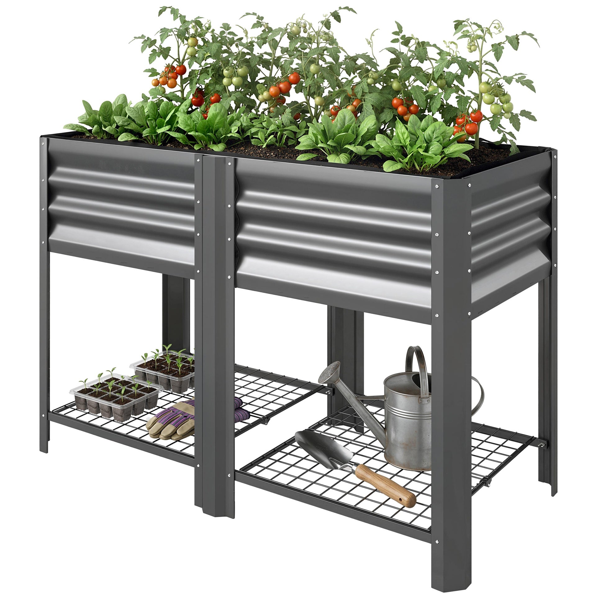 Outsunny Raised Garden Bed Galvanized Steel, Elevated Planter Box with Storage Shelf, Bed Liner, 31.5" High, Dark Gray