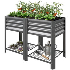 Outsunny Raised Garden Bed Galvanized Steel, Elevated Planter Box with Storage Shelf, Bed Liner, 31.5" High, Dark Gray
