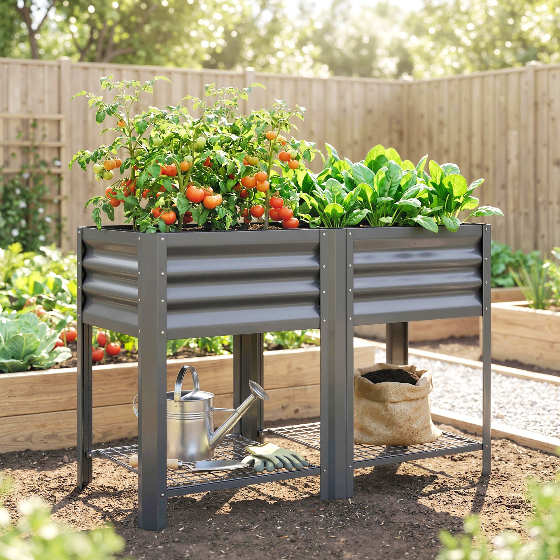 Outsunny Raised Garden Bed Galvanized Steel, Elevated Planter Box with Storage Shelf, Bed Liner, 31.5" High, Dark Gray