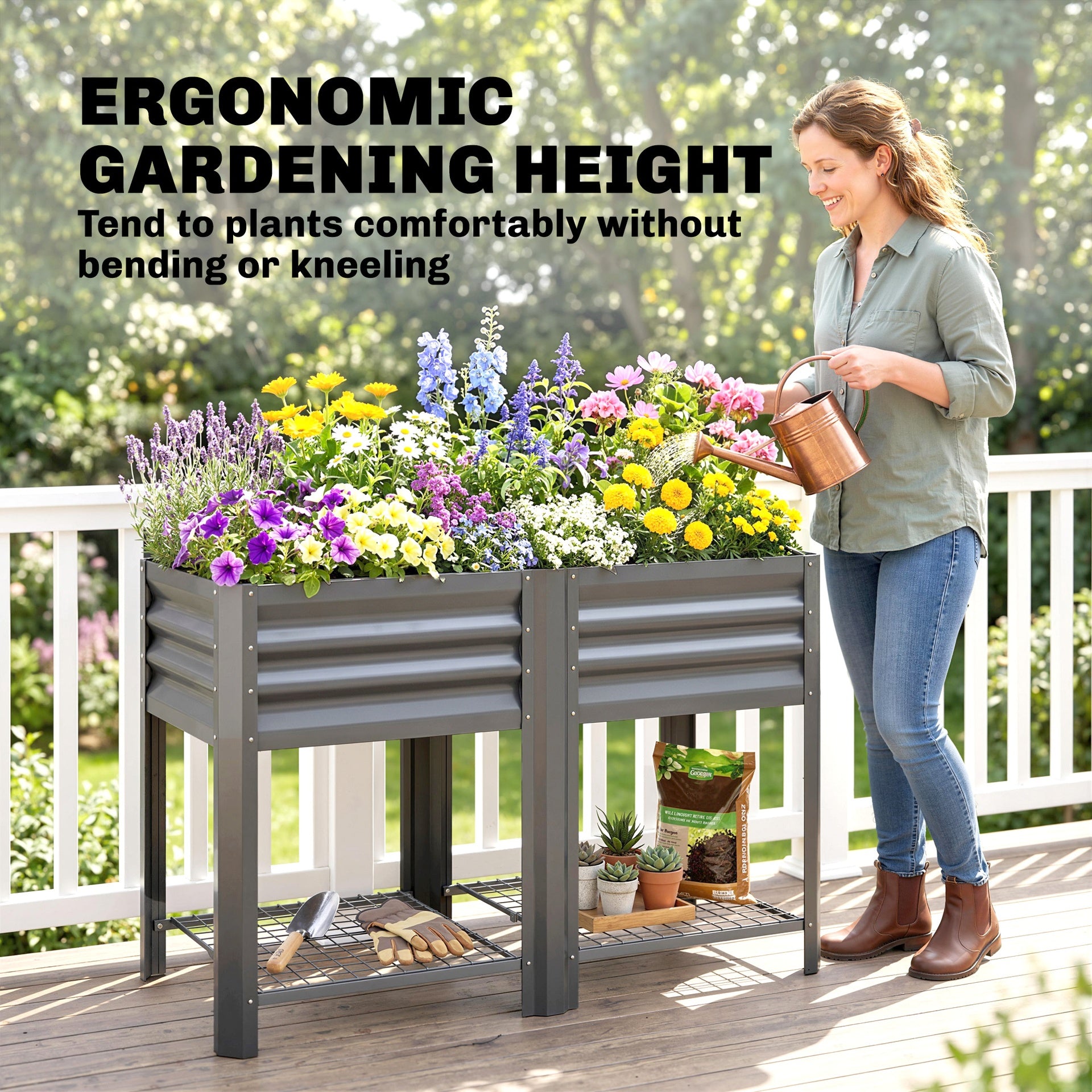 Outsunny Raised Garden Bed Galvanized Steel, Elevated Planter Box with Storage Shelf, Bed Liner, 31.5" High, Dark Gray