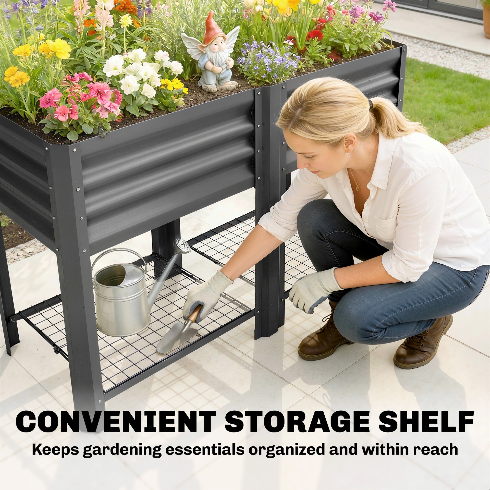 Outsunny Raised Garden Bed Galvanized Steel, Elevated Planter Box with Storage Shelf, Bed Liner, 31.5" High, Dark Gray