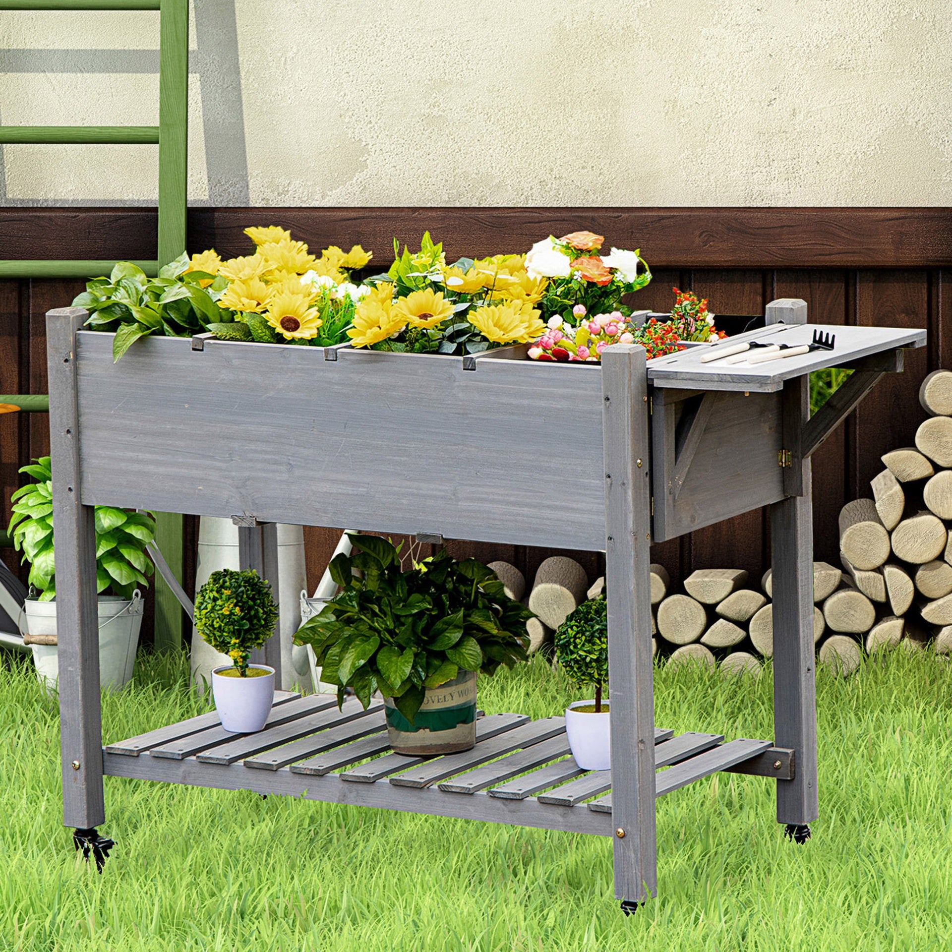 Outsunny Raised Garden Bed Planter Box w/ 8 Grow Grids, Storage Shelf & Lockable Wheels