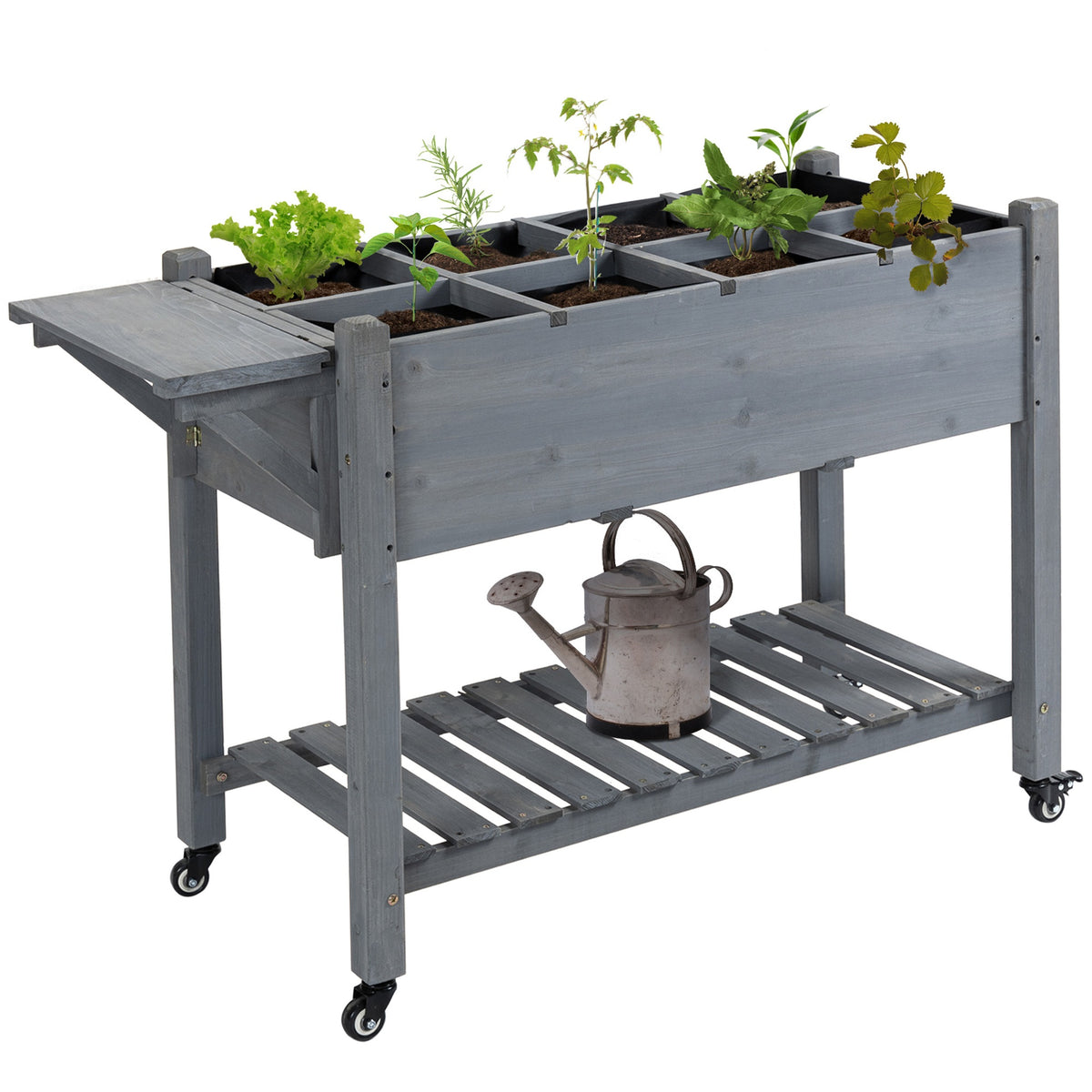 Outsunny Raised Garden Bed Planter Box w/ 8 Grow Grids, Storage Shelf & Lockable Wheels