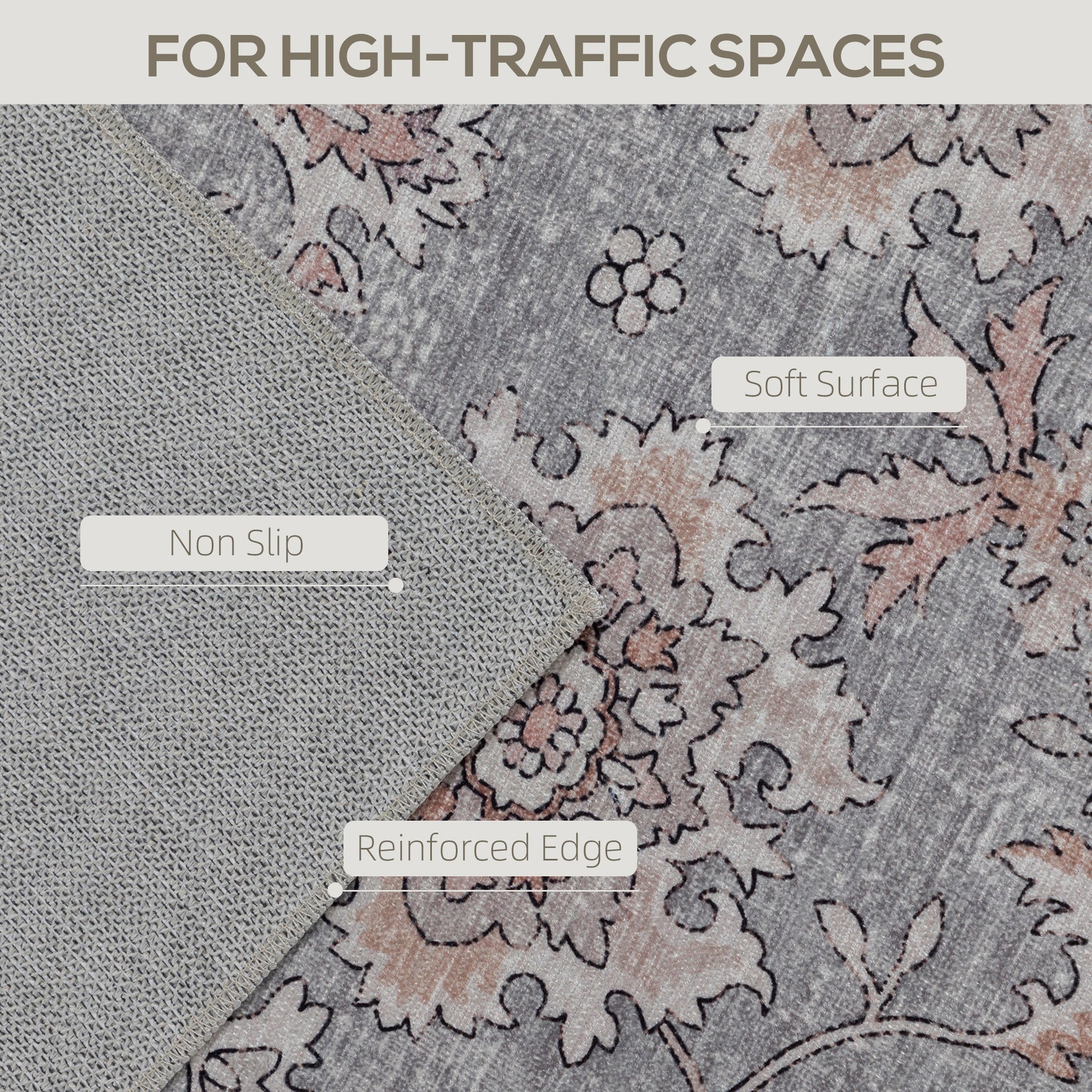 HOMCOM Machine Washable Area Rug 4x6, Non-Slip Traditional Flower Print Floor Carpet for Living Room, Bedroom, Grey and Brown